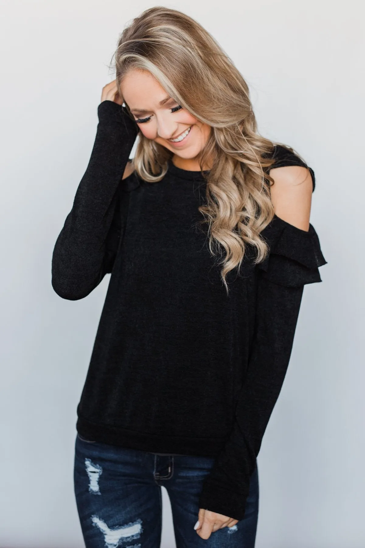A New Hello Ruffle Cold Shoulder Top- Black