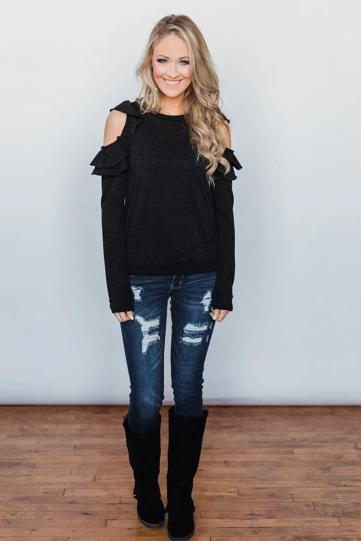 A New Hello Ruffle Cold Shoulder Top- Black