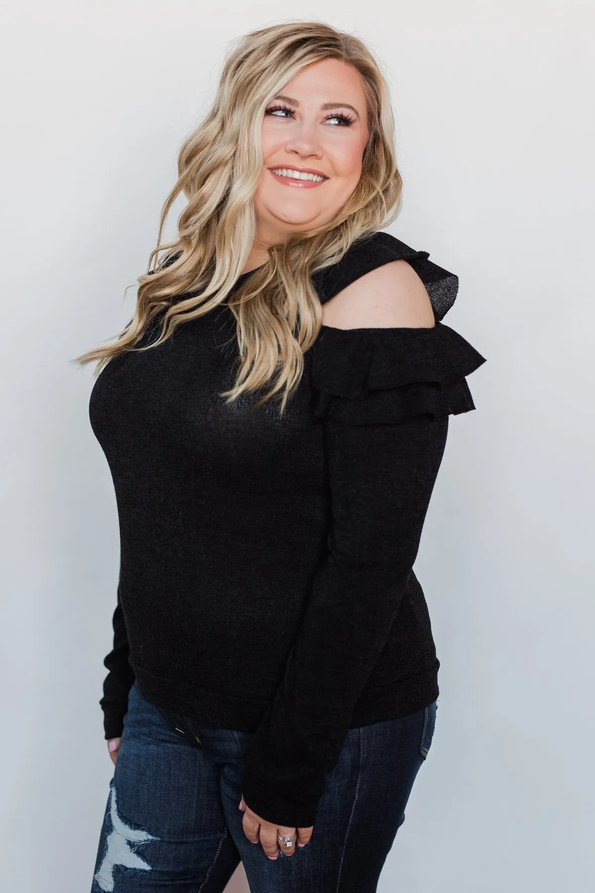A New Hello Ruffle Cold Shoulder Top- Black
