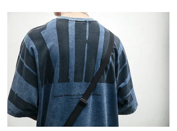 Aidase  Japanese Streetwear High Quality Distressed Oversized T-Shirt Letter Print Harajuku Short Sleeves Fashion Tops Men Clothing