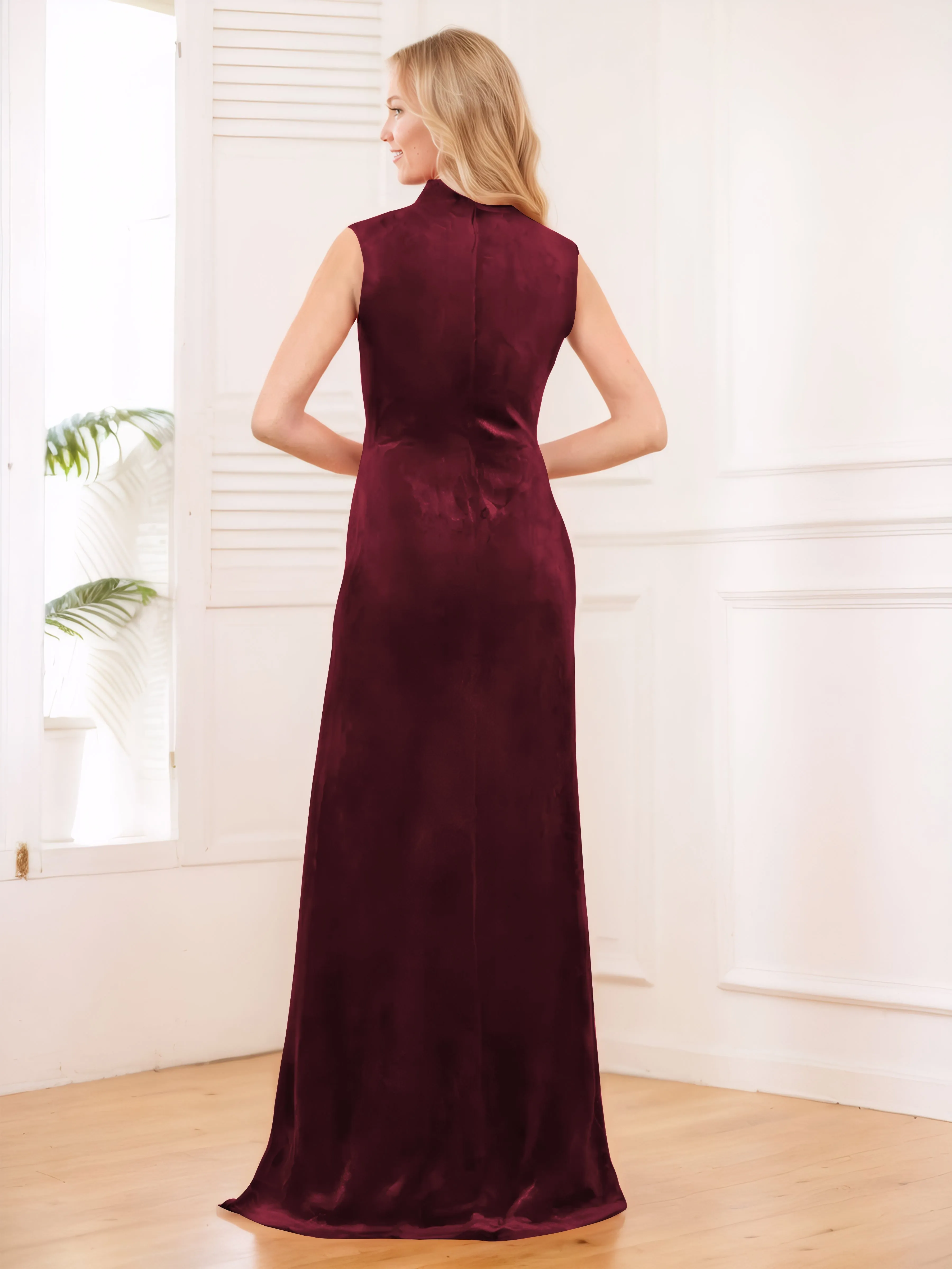 Aleena Graceful High Neck Pleated Floor Length Velvet Bridesmaid Dresses