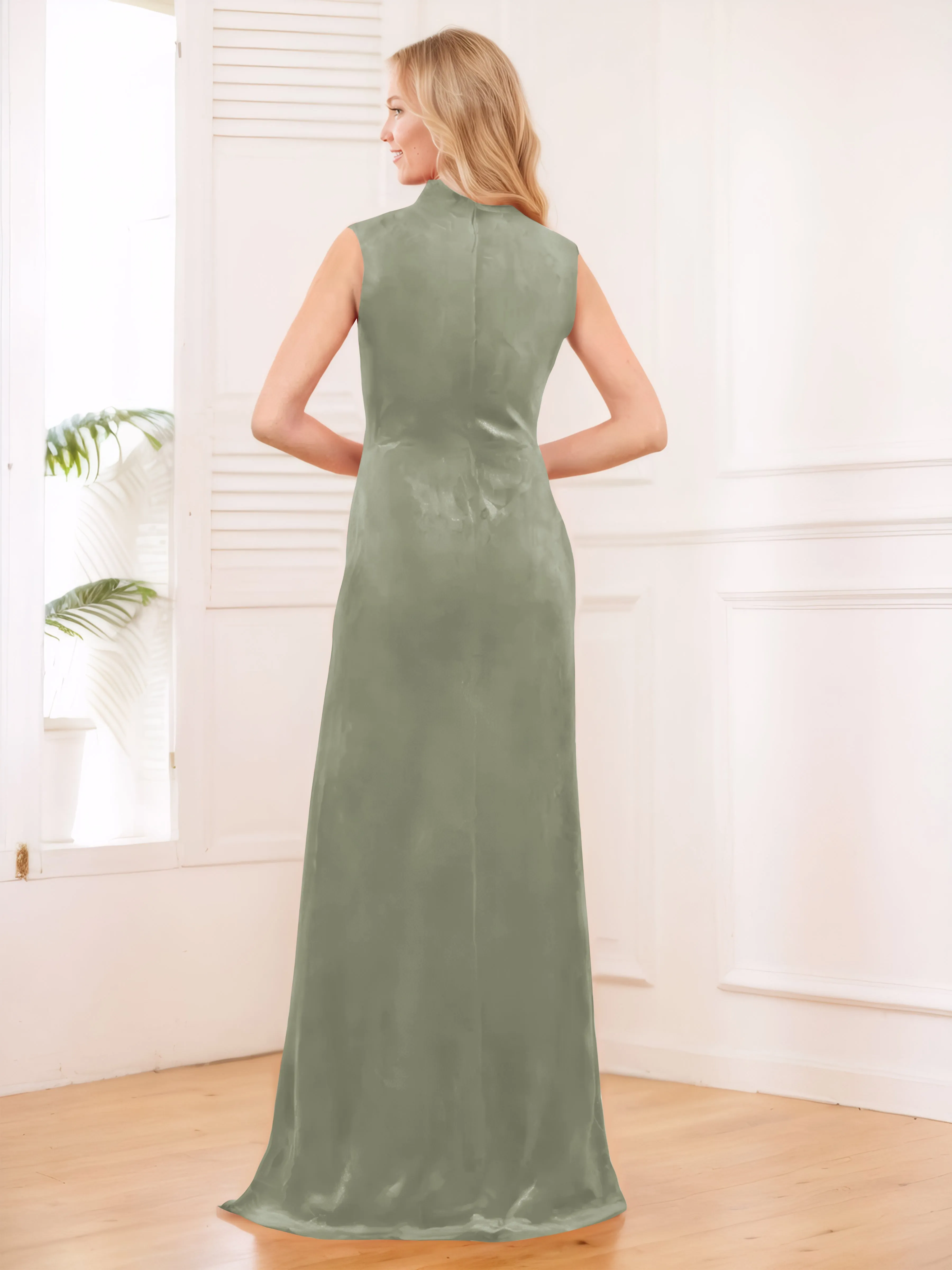 Aleena Graceful High Neck Pleated Floor Length Velvet Bridesmaid Dresses