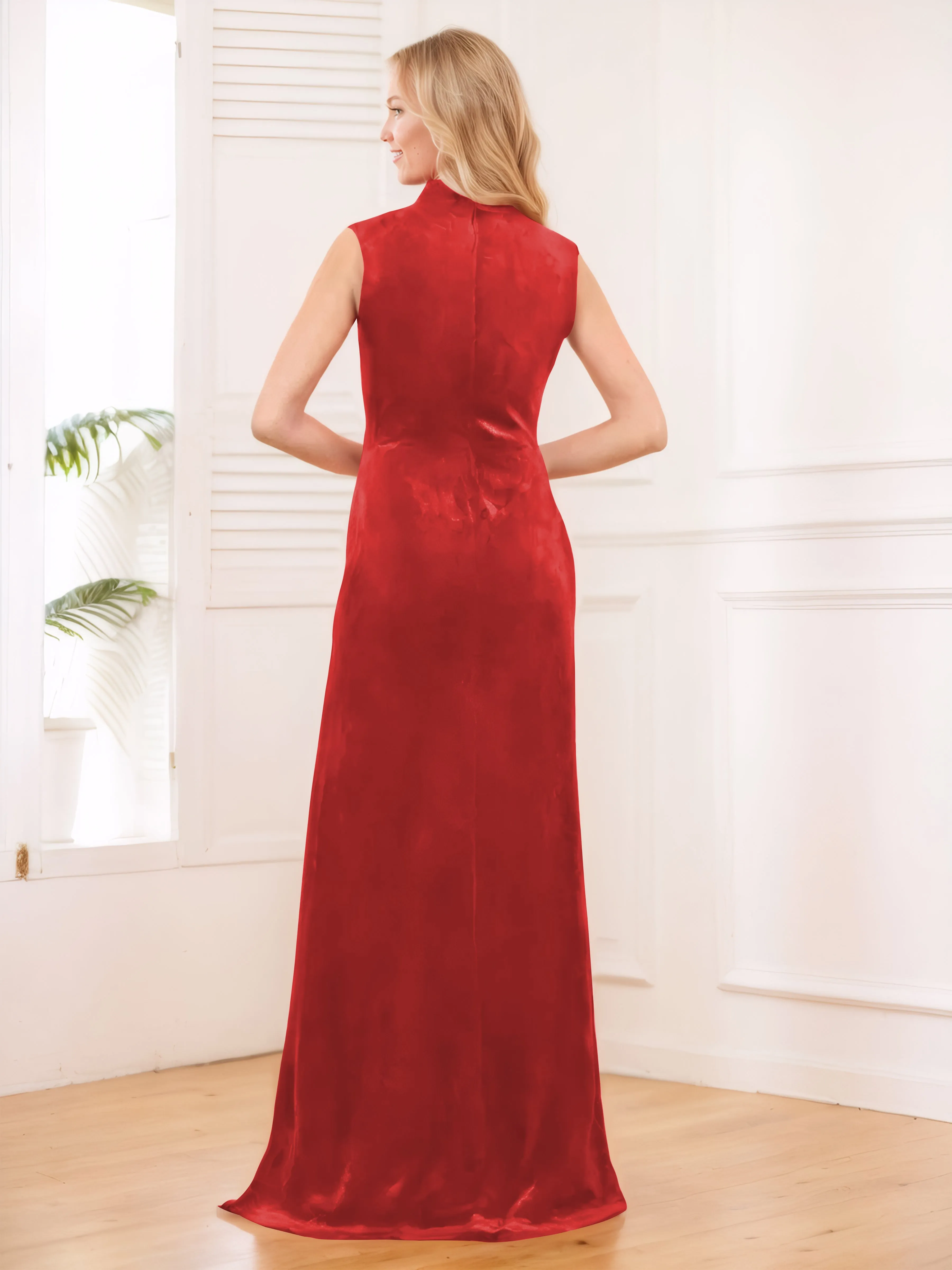 Aleena Graceful High Neck Pleated Floor Length Velvet Bridesmaid Dresses