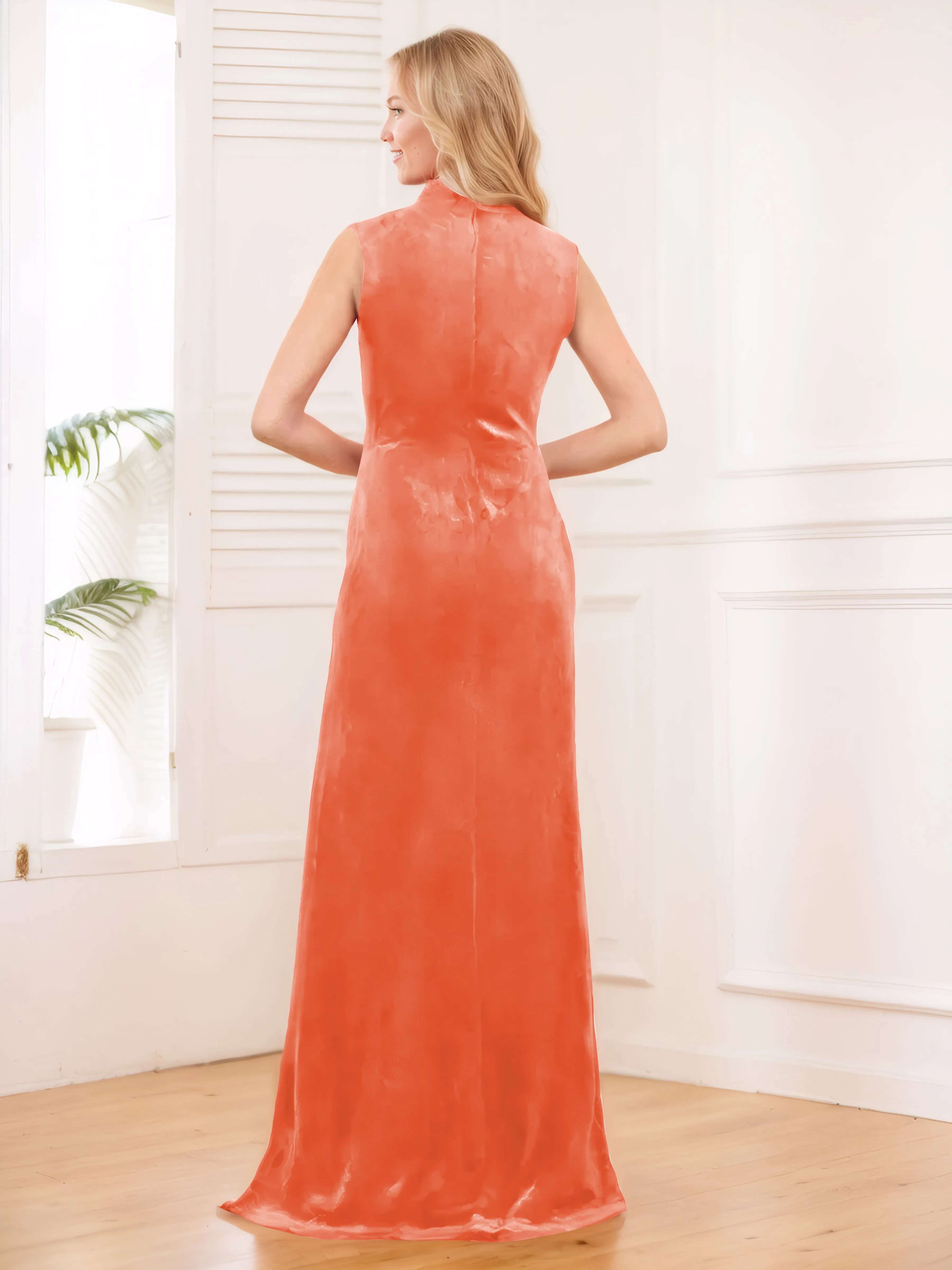 Aleena Graceful High Neck Pleated Floor Length Velvet Bridesmaid Dresses