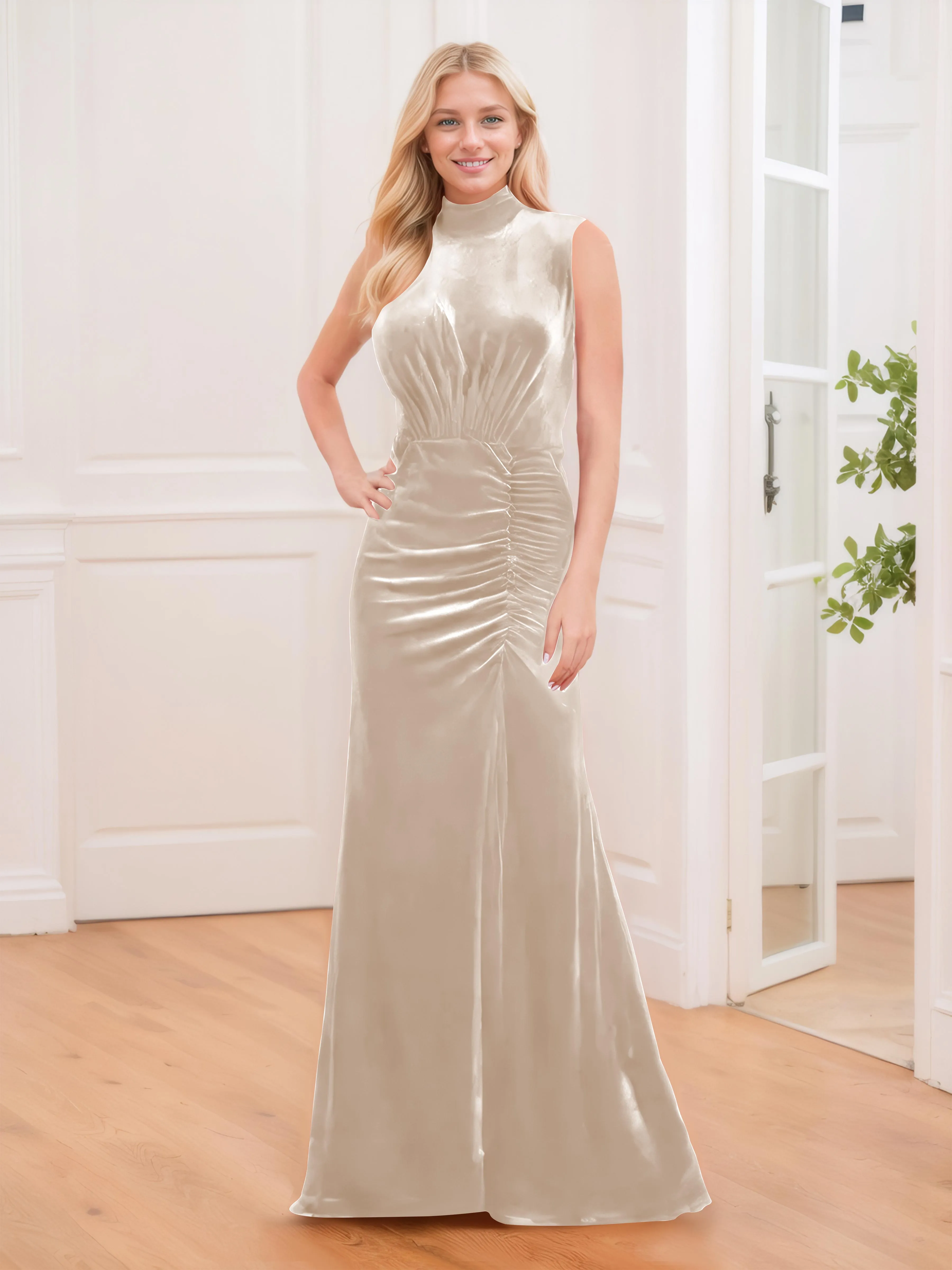 Aleena Graceful High Neck Pleated Floor Length Velvet Bridesmaid Dresses