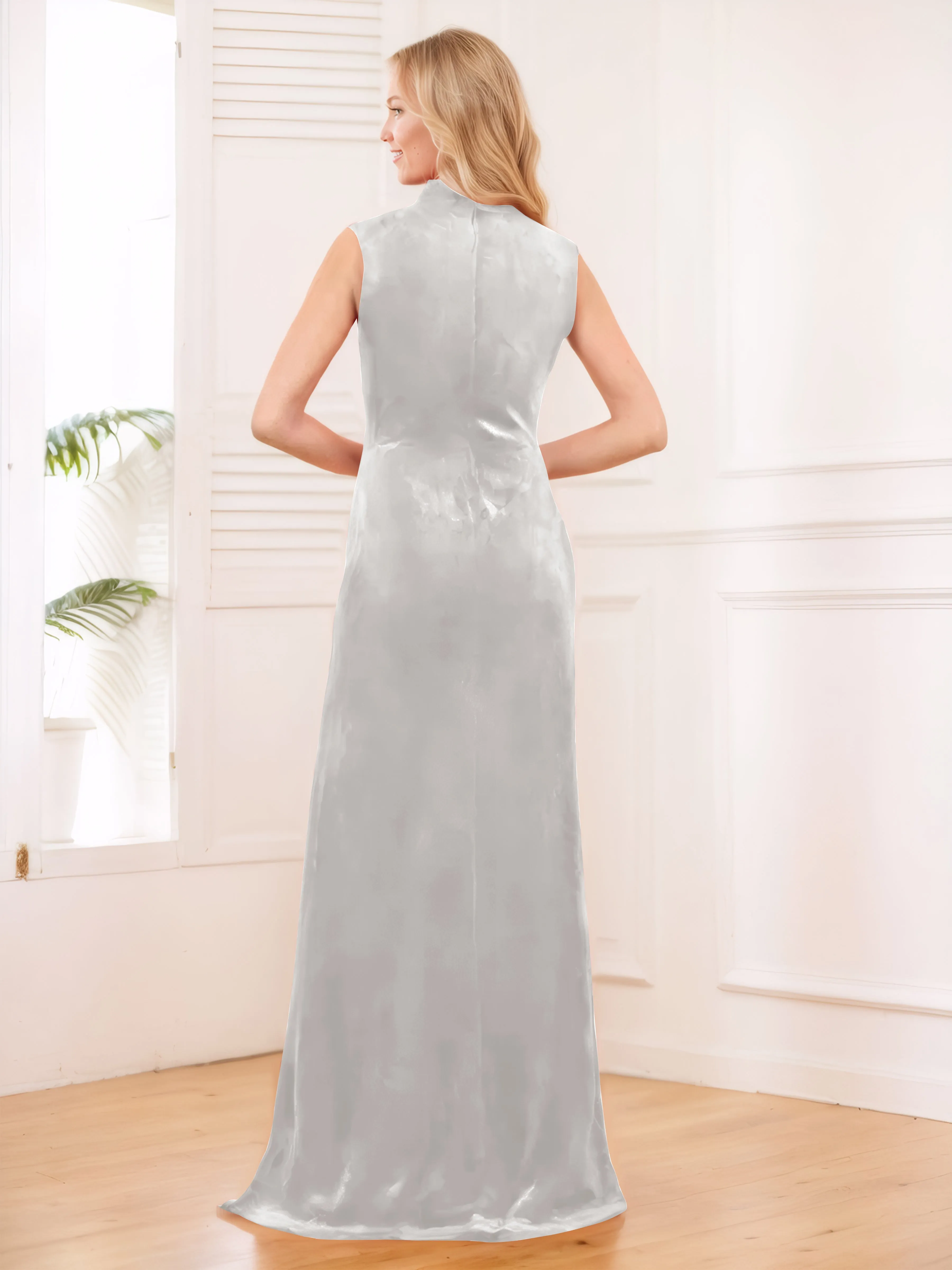 Aleena Graceful High Neck Pleated Floor Length Velvet Bridesmaid Dresses