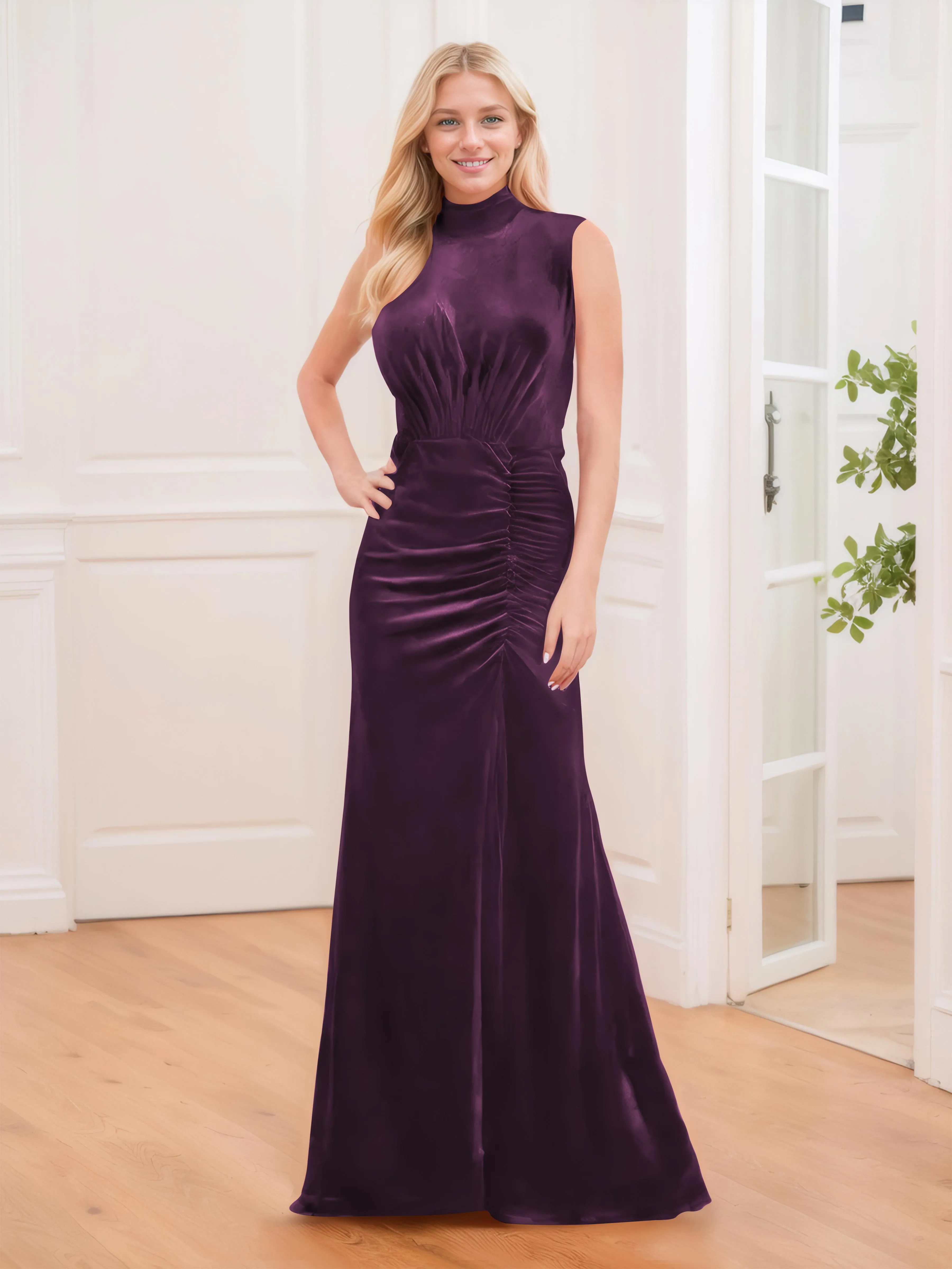 Aleena Graceful High Neck Pleated Floor Length Velvet Bridesmaid Dresses