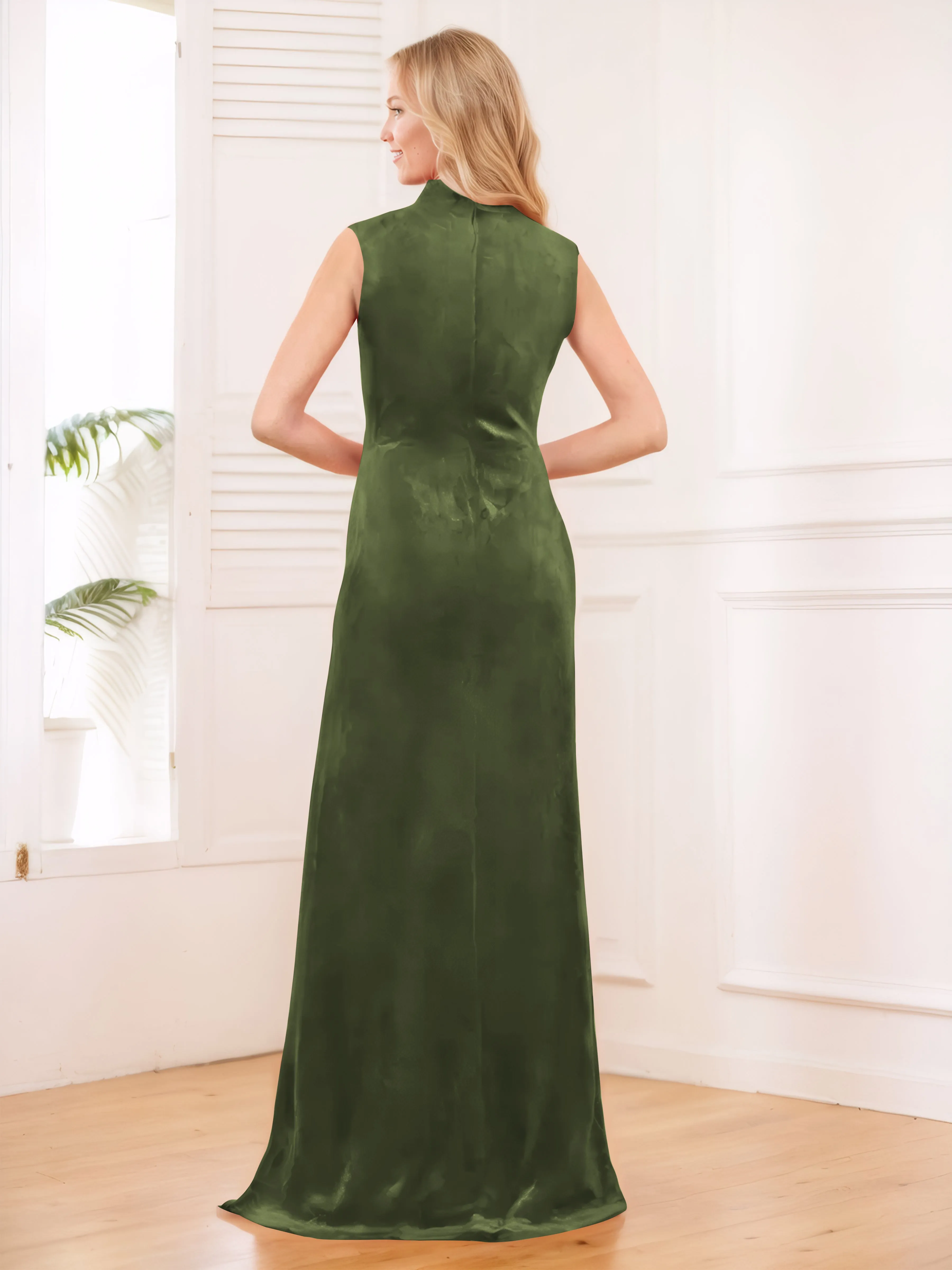 Aleena Graceful High Neck Pleated Floor Length Velvet Bridesmaid Dresses