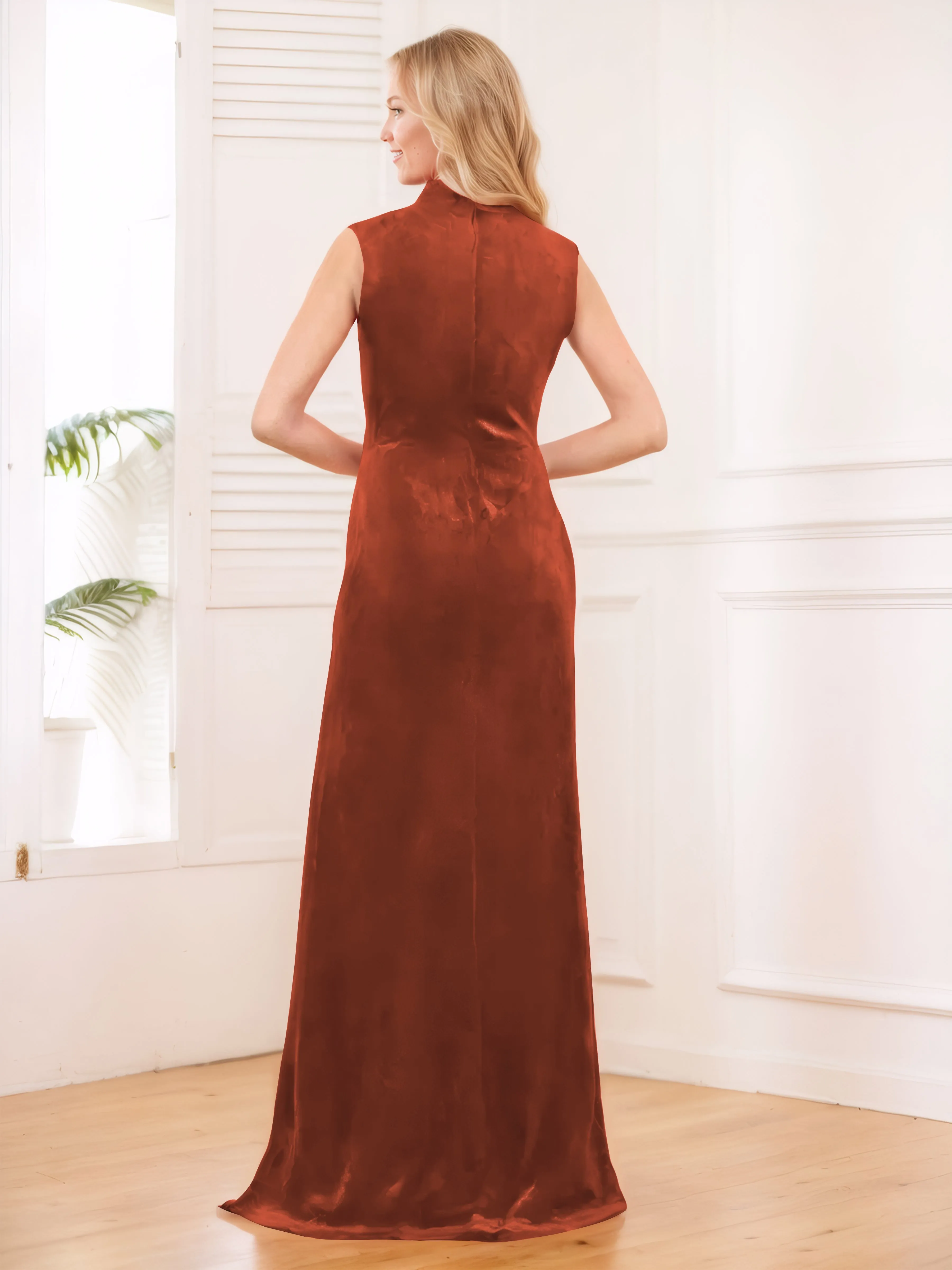 Aleena Graceful High Neck Pleated Floor Length Velvet Bridesmaid Dresses