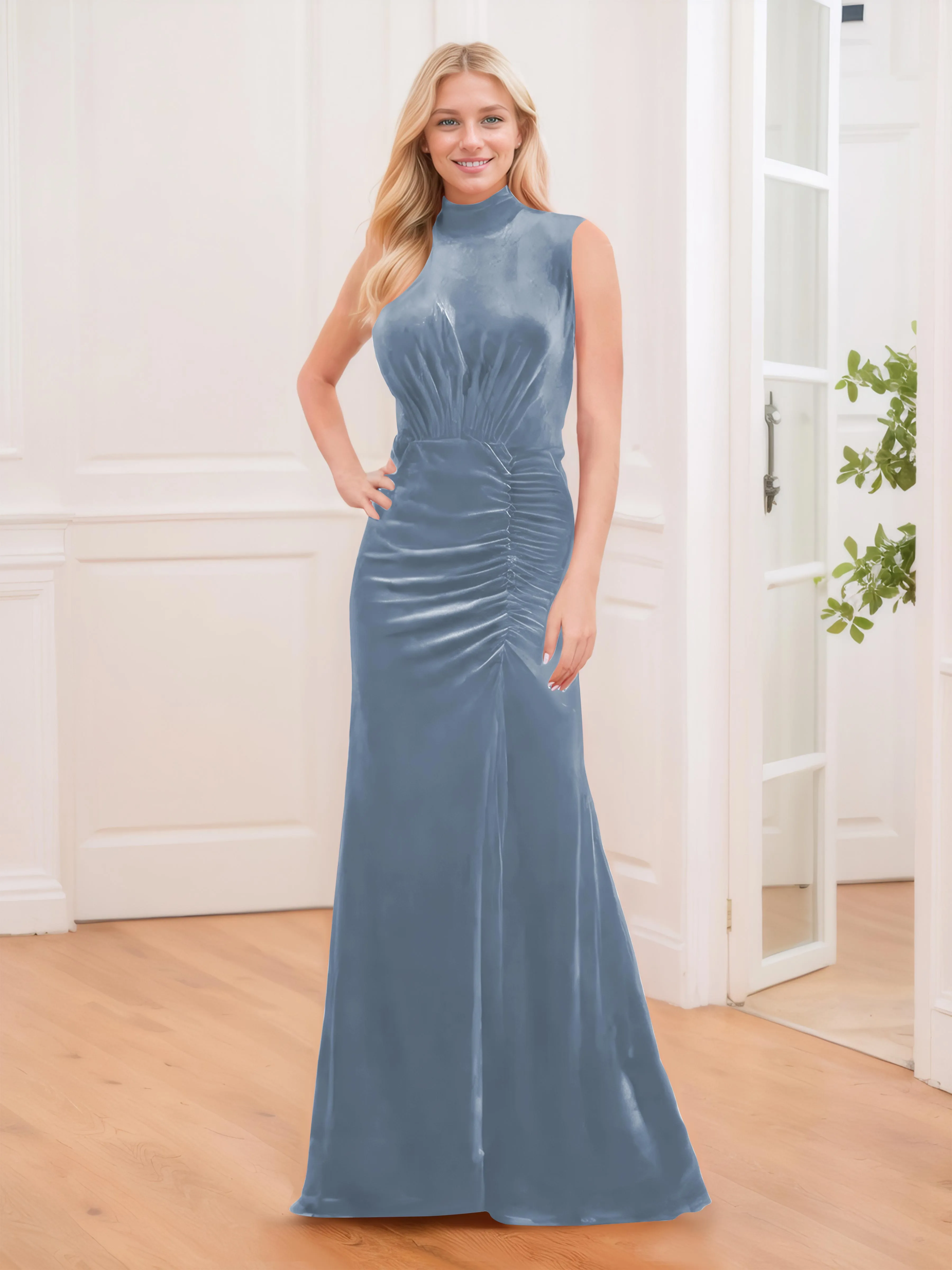 Aleena Graceful High Neck Pleated Floor Length Velvet Bridesmaid Dresses