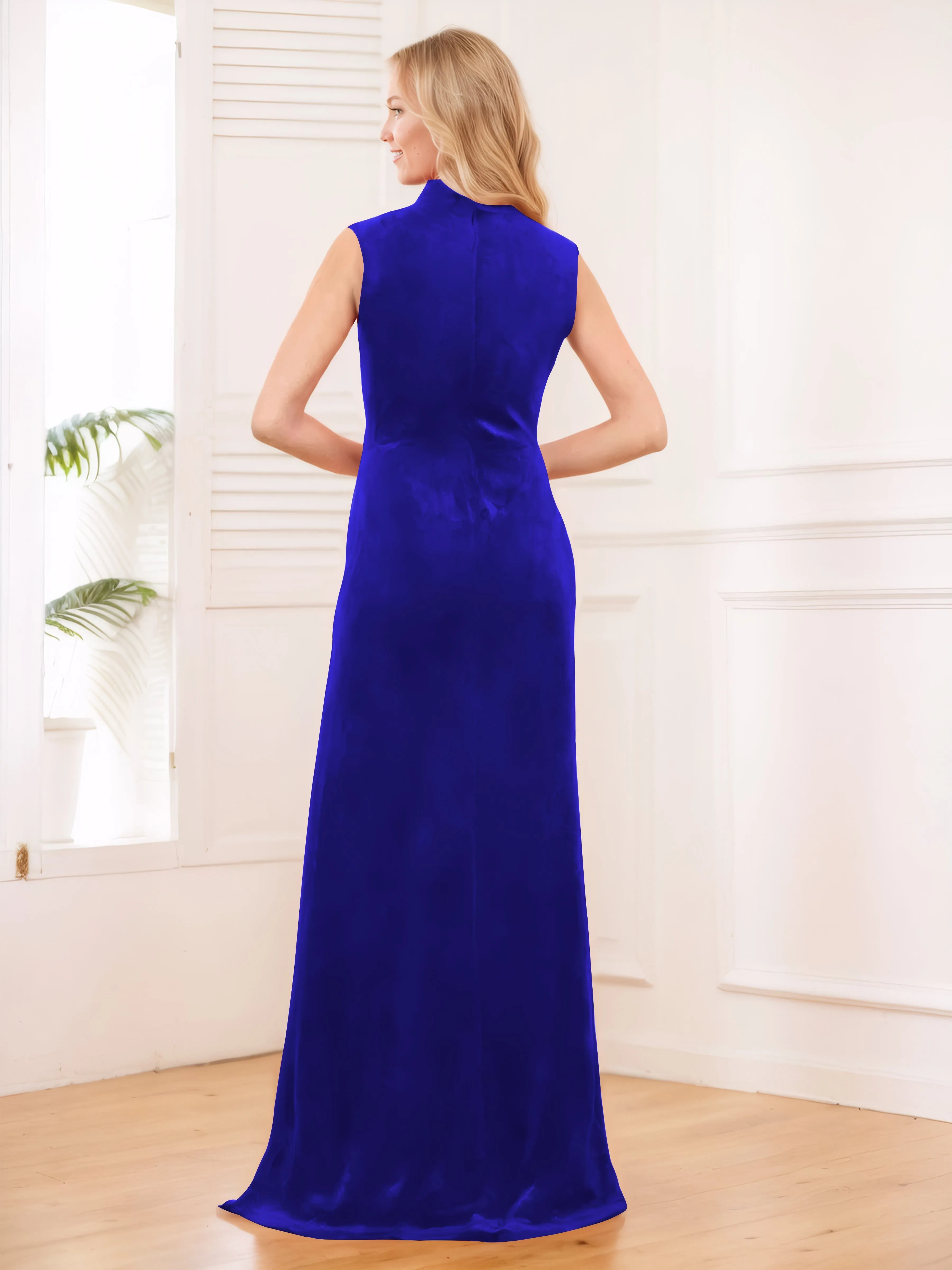 Aleena Graceful High Neck Pleated Floor Length Velvet Bridesmaid Dresses