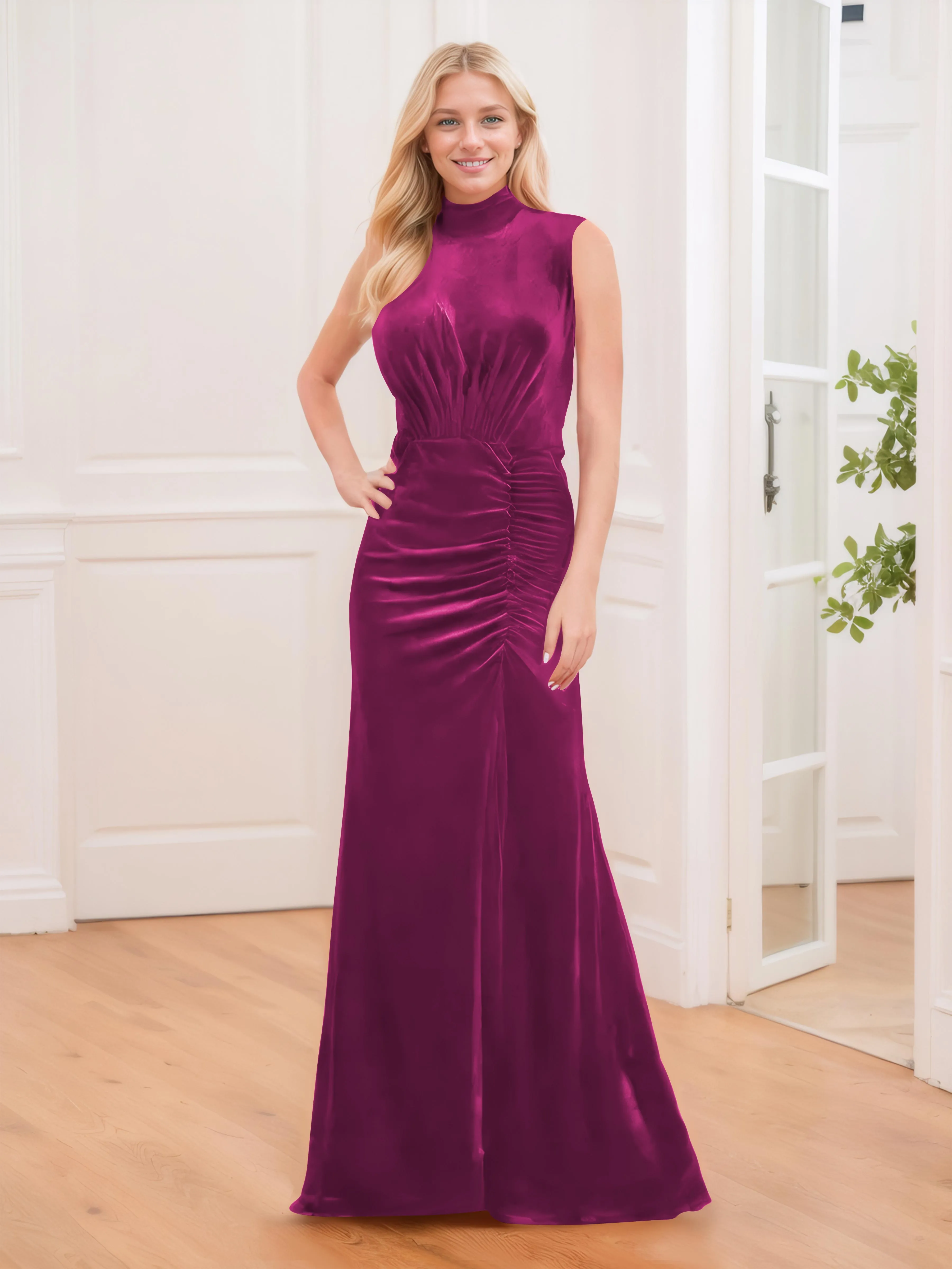 Aleena Graceful High Neck Pleated Floor Length Velvet Bridesmaid Dresses