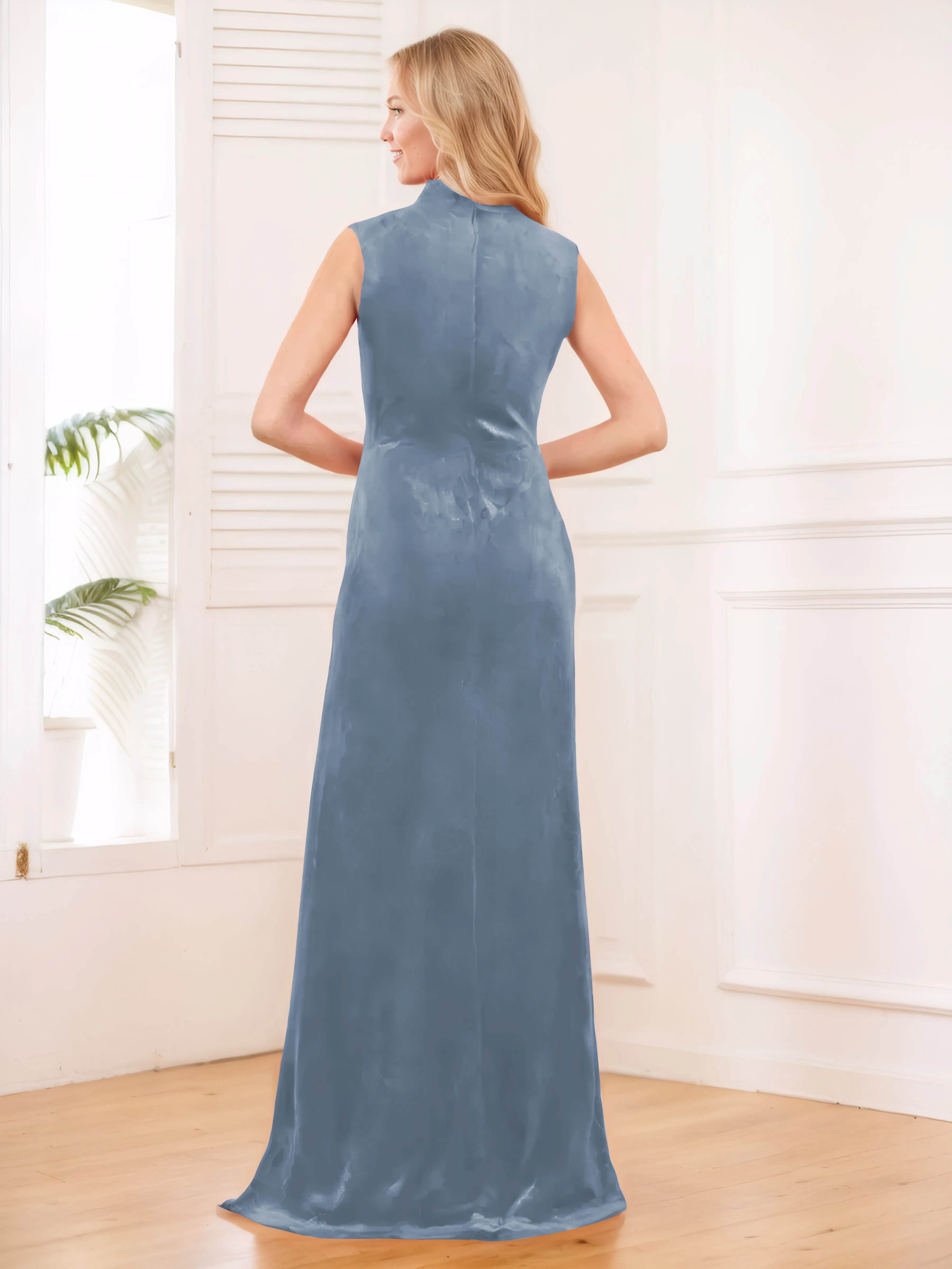 Aleena Graceful High Neck Pleated Floor Length Velvet Bridesmaid Dresses