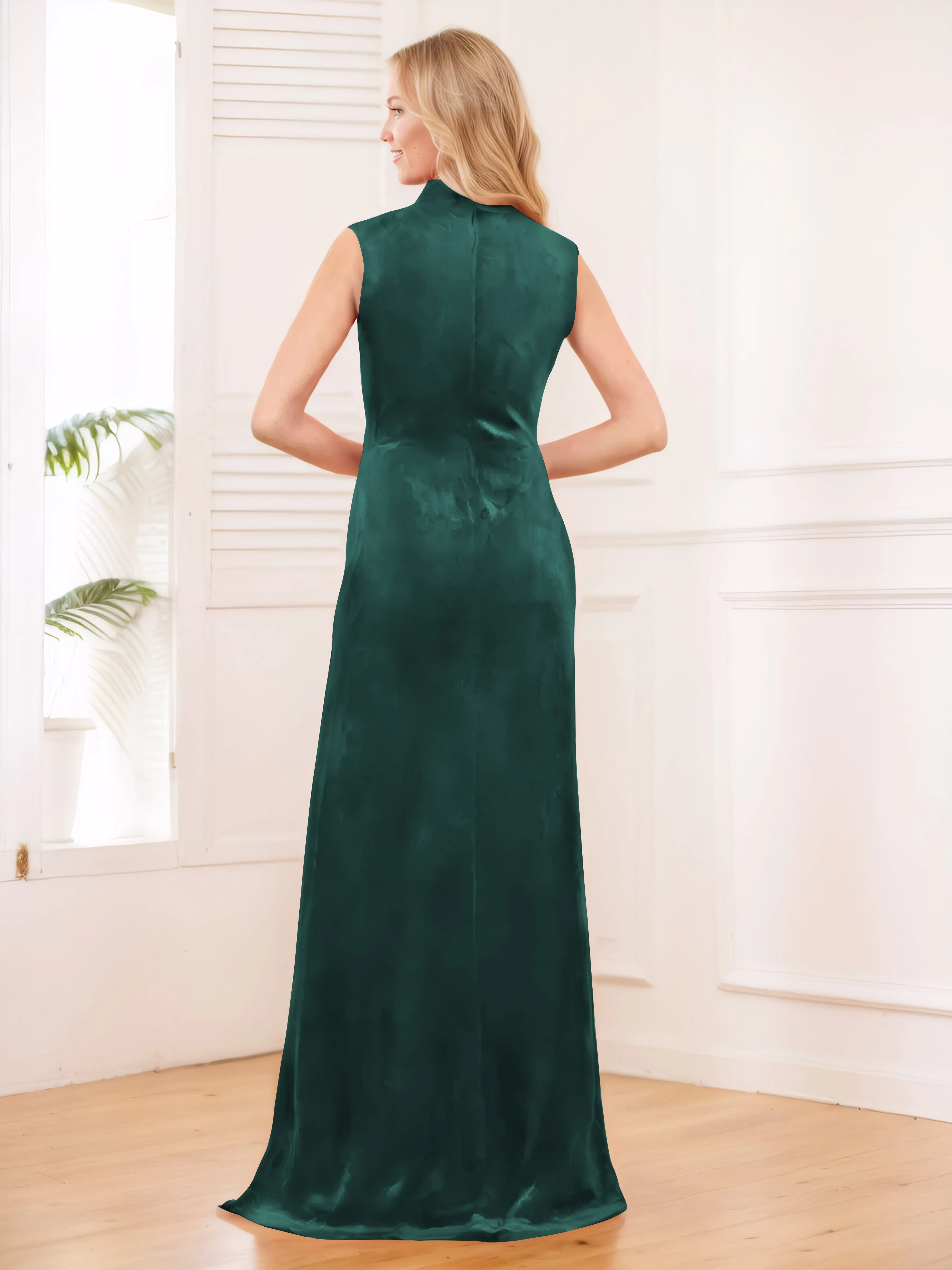 Aleena Graceful High Neck Pleated Floor Length Velvet Bridesmaid Dresses