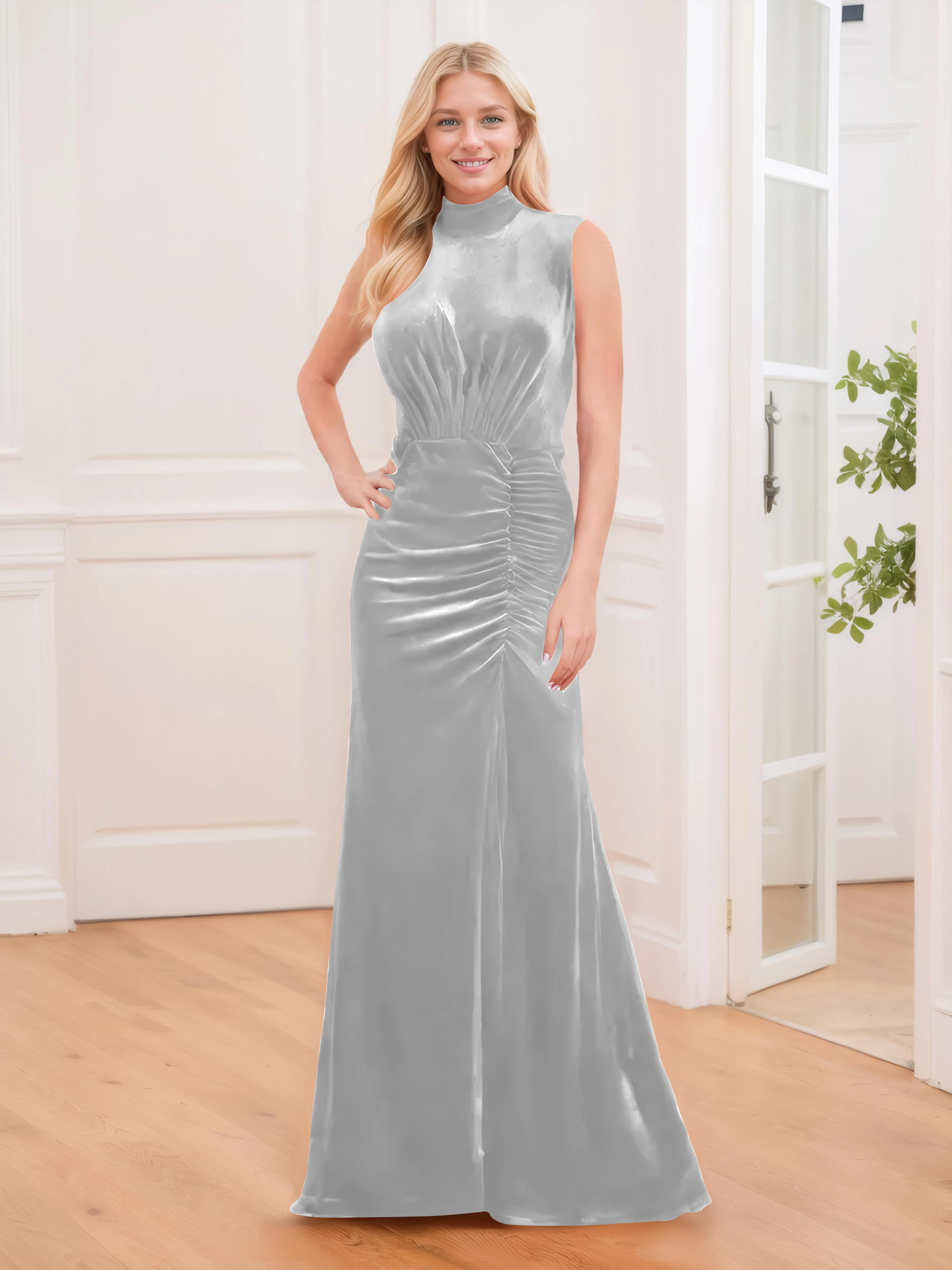 Aleena Graceful High Neck Pleated Floor Length Velvet Bridesmaid Dresses