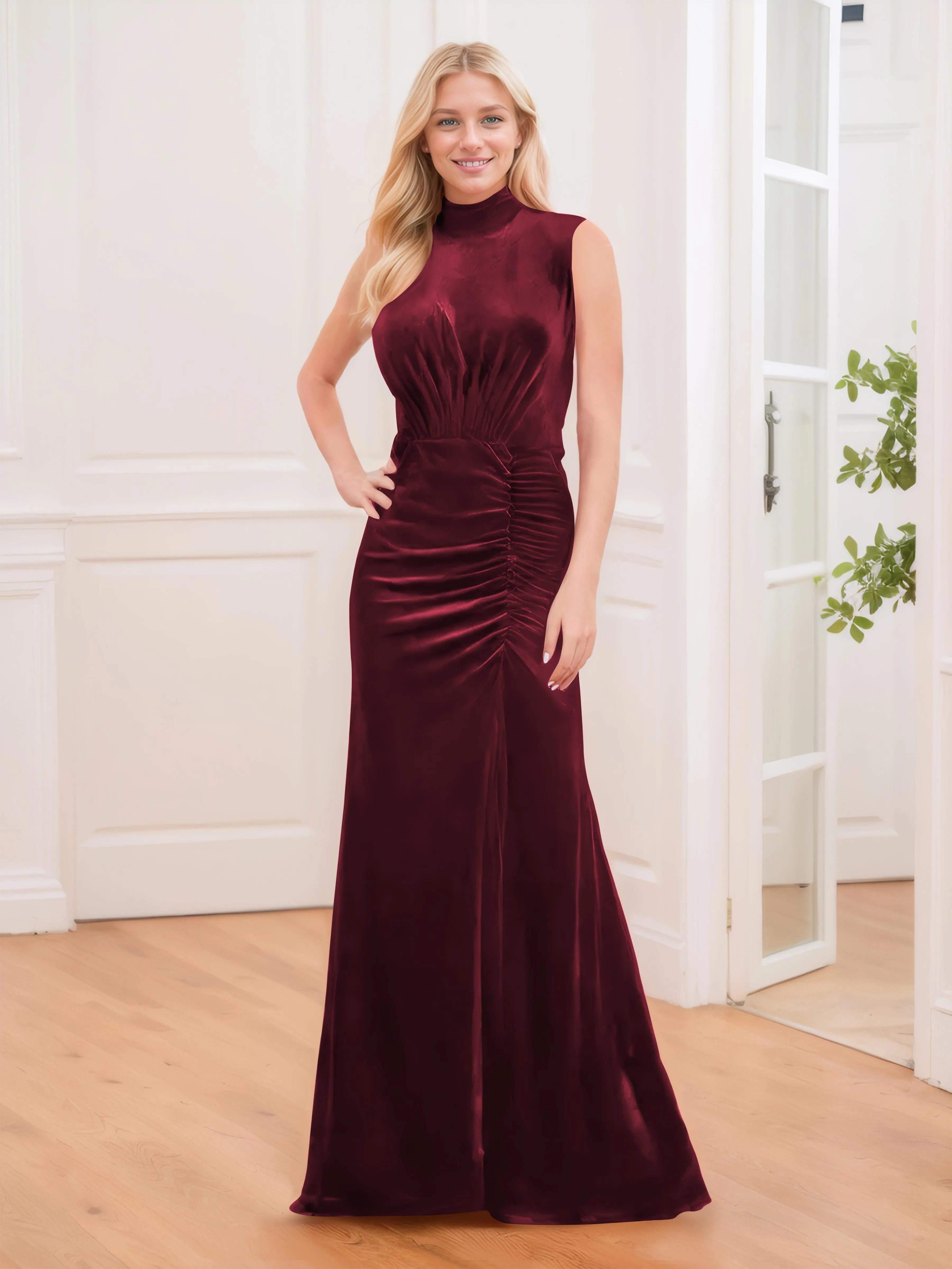 Aleena Graceful High Neck Pleated Floor Length Velvet Bridesmaid Dresses