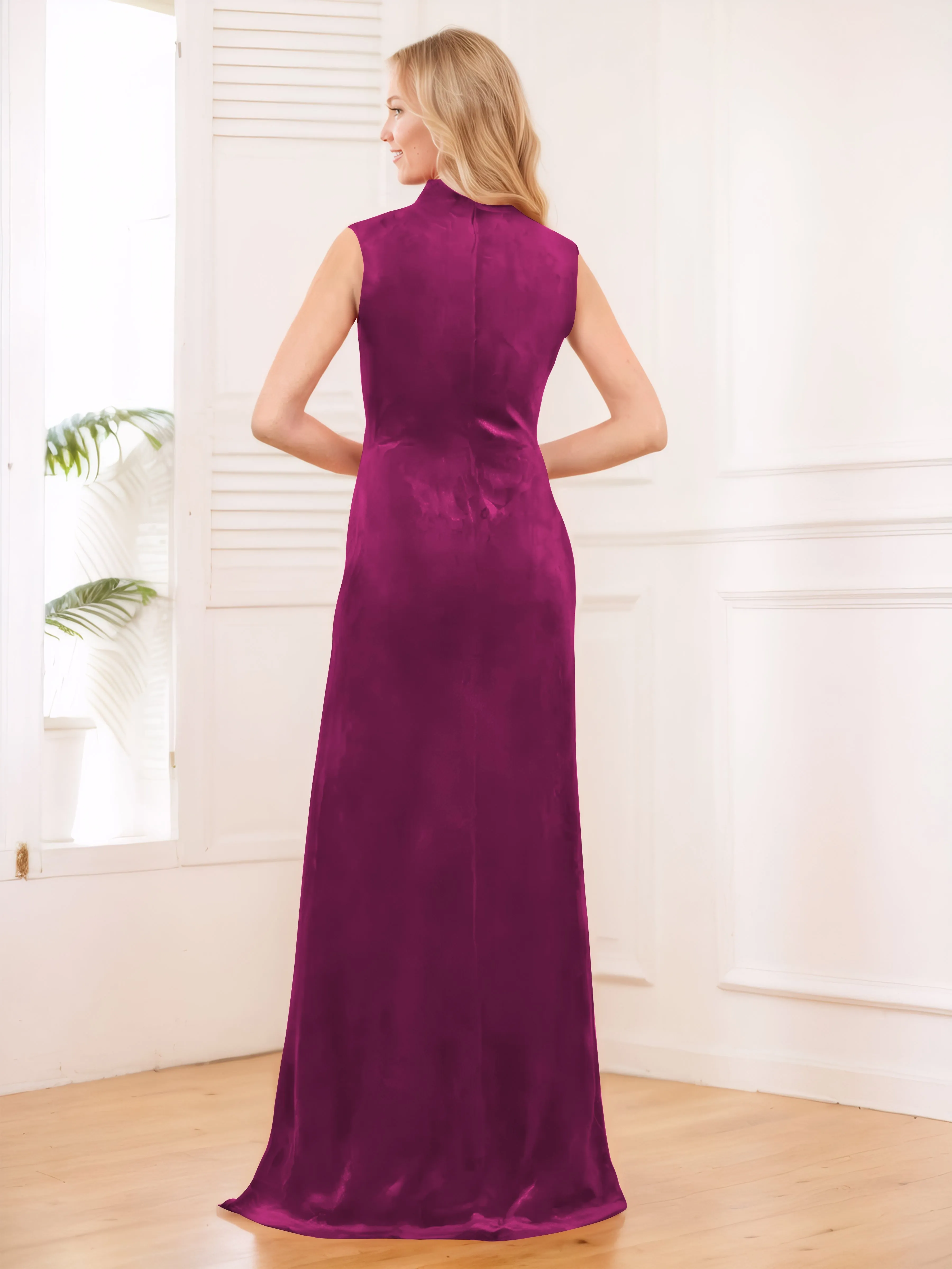 Aleena Graceful High Neck Pleated Floor Length Velvet Bridesmaid Dresses
