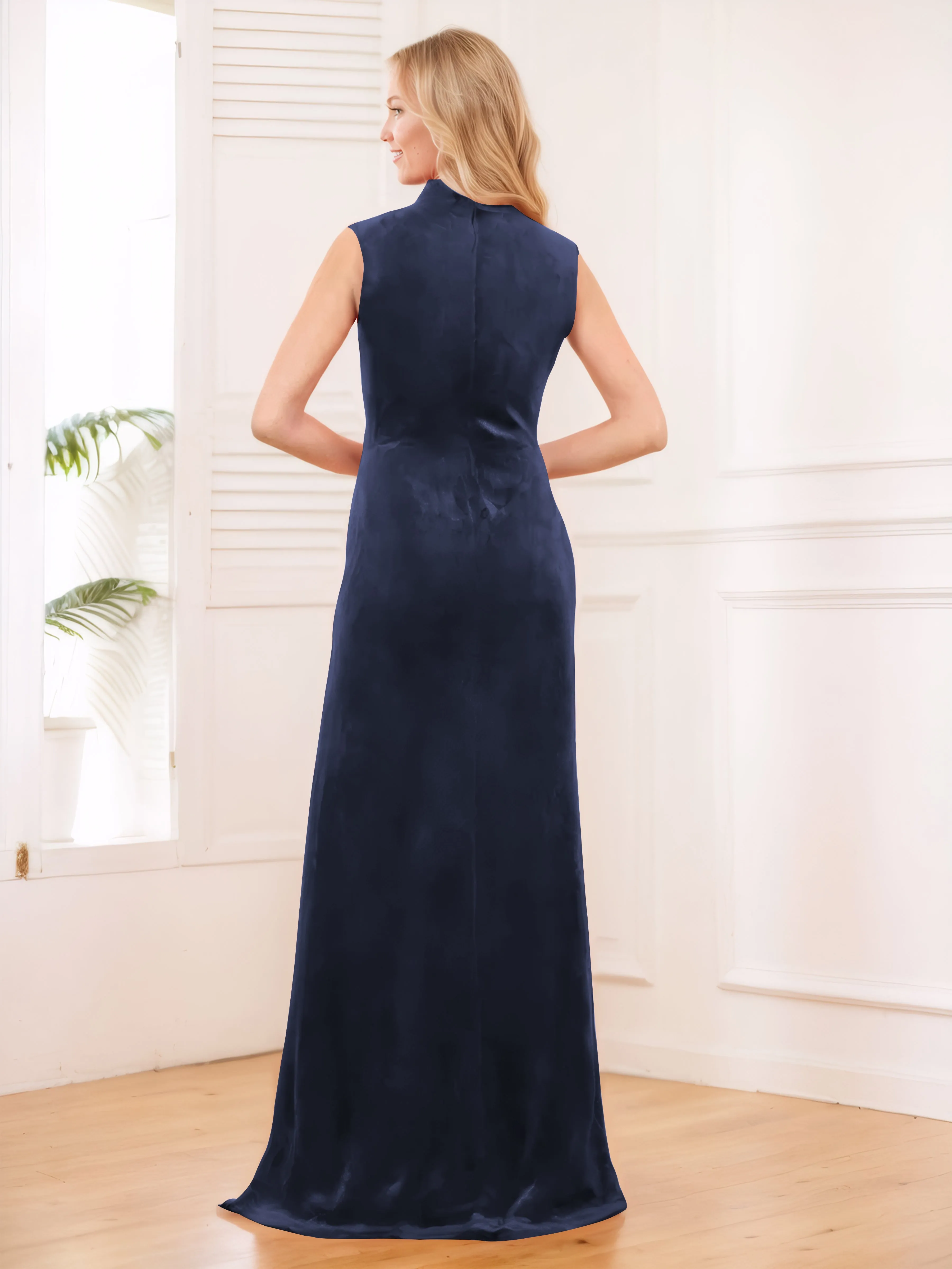 Aleena Graceful High Neck Pleated Floor Length Velvet Bridesmaid Dresses