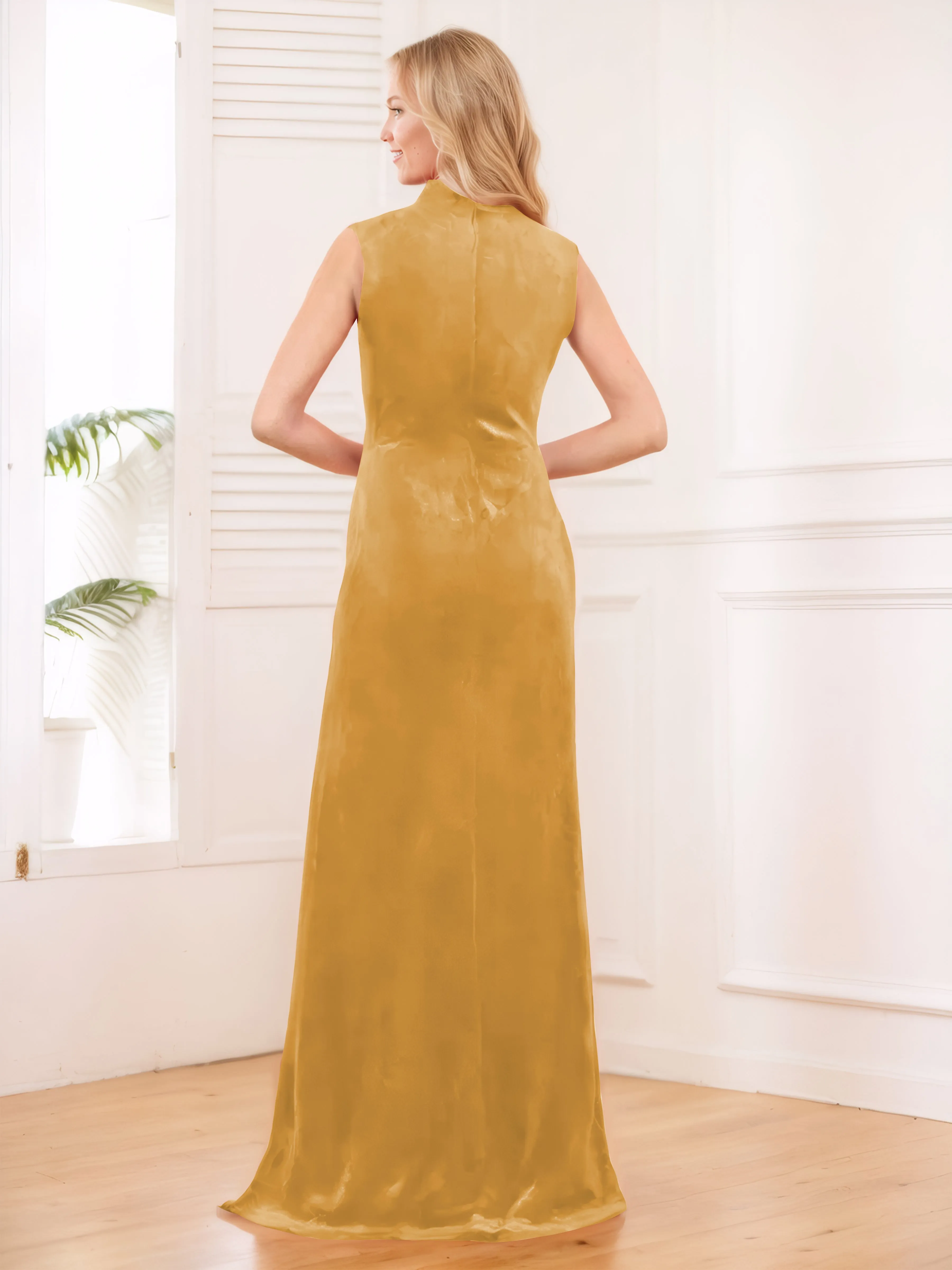 Aleena Graceful High Neck Pleated Floor Length Velvet Bridesmaid Dresses