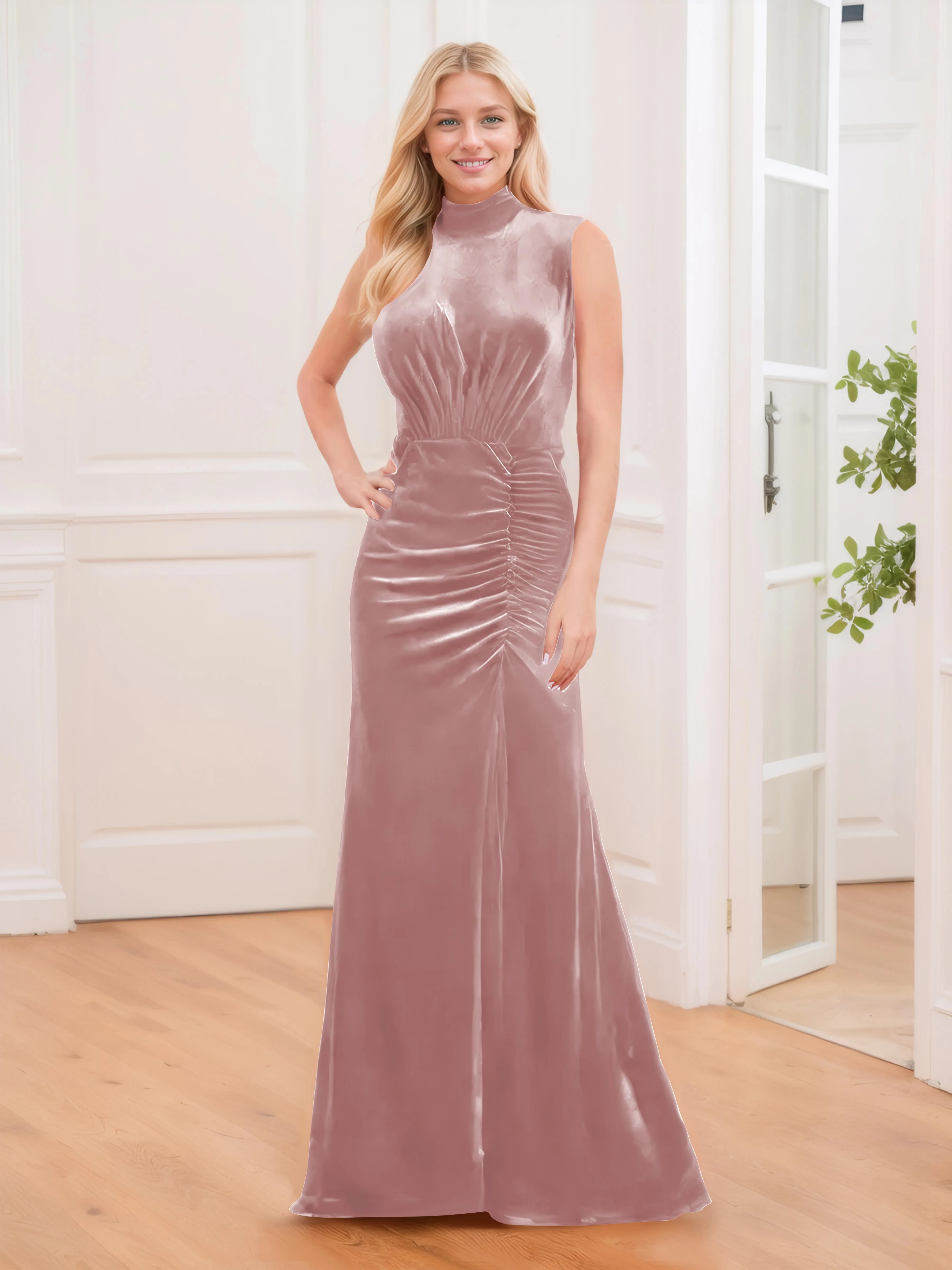 Aleena Graceful High Neck Pleated Floor Length Velvet Bridesmaid Dresses