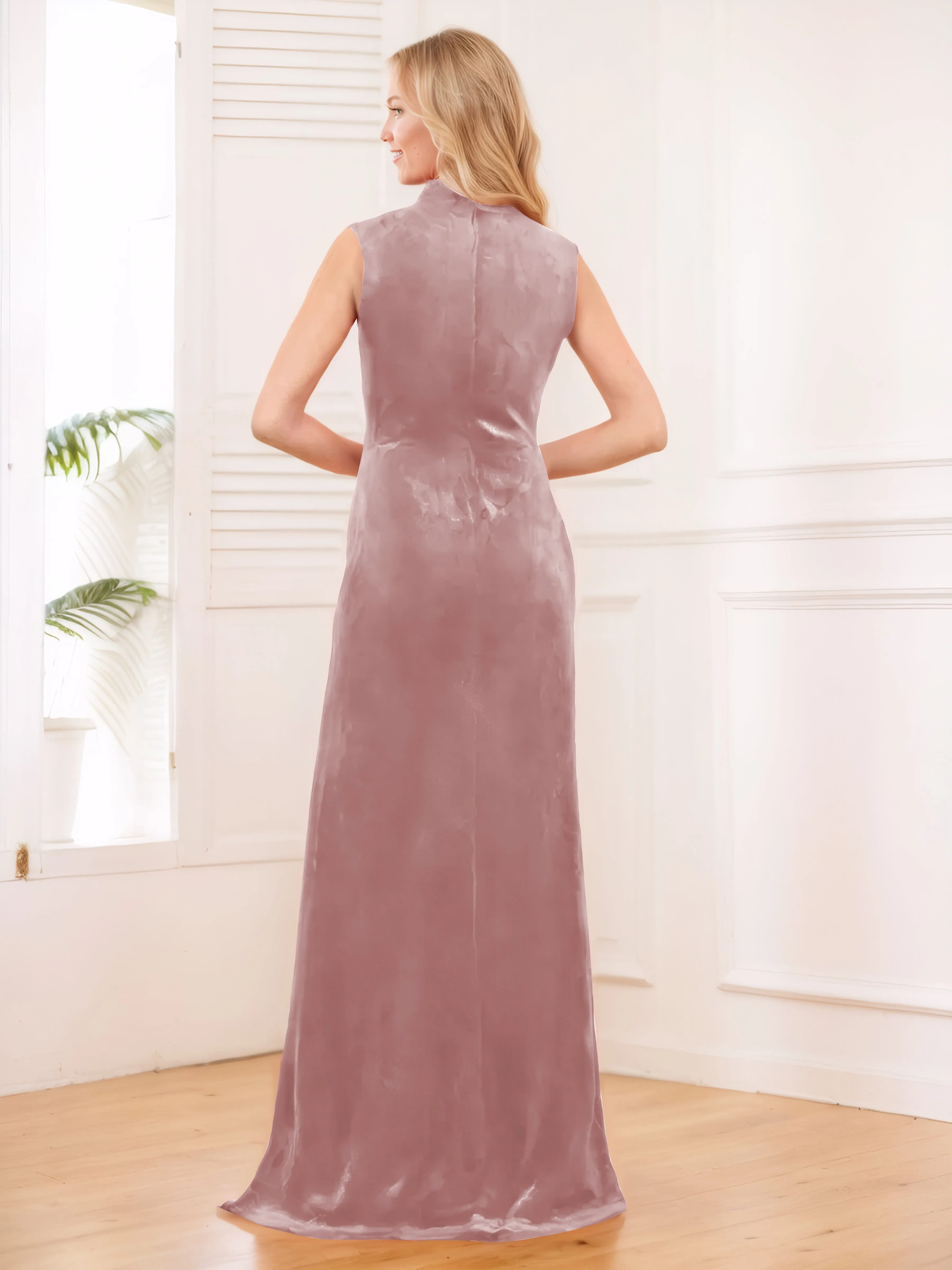 Aleena Graceful High Neck Pleated Floor Length Velvet Bridesmaid Dresses