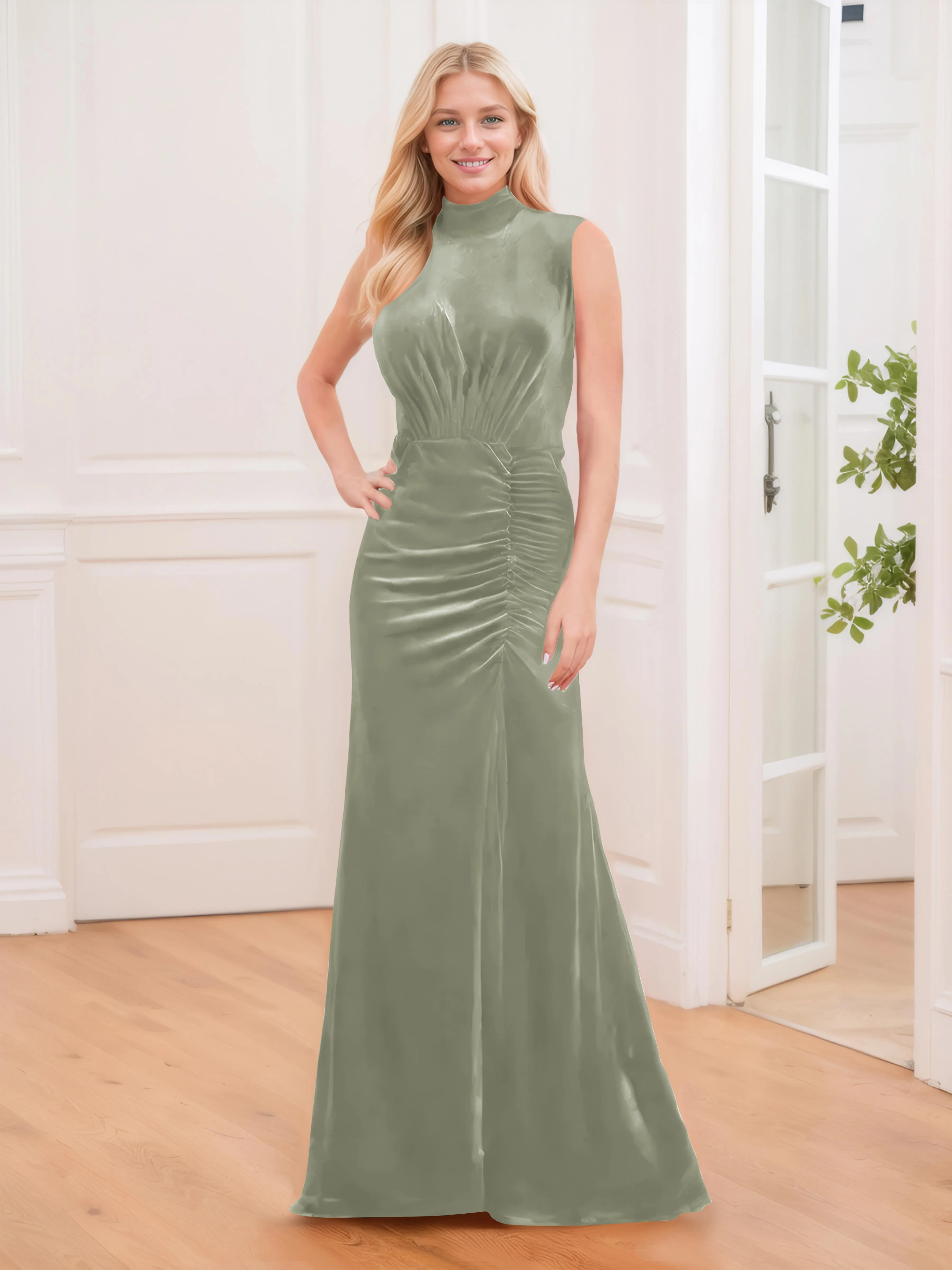 Aleena Graceful High Neck Pleated Floor Length Velvet Bridesmaid Dresses