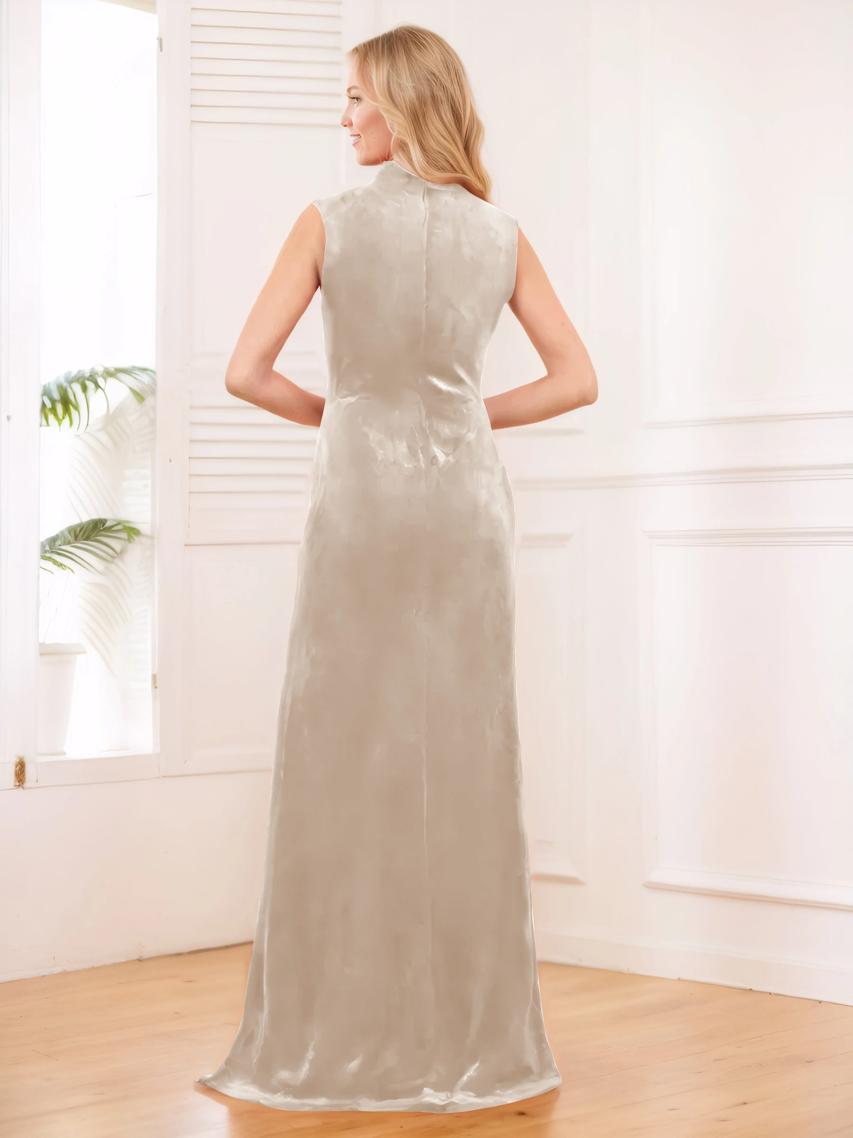 Aleena Graceful High Neck Pleated Floor Length Velvet Bridesmaid Dresses
