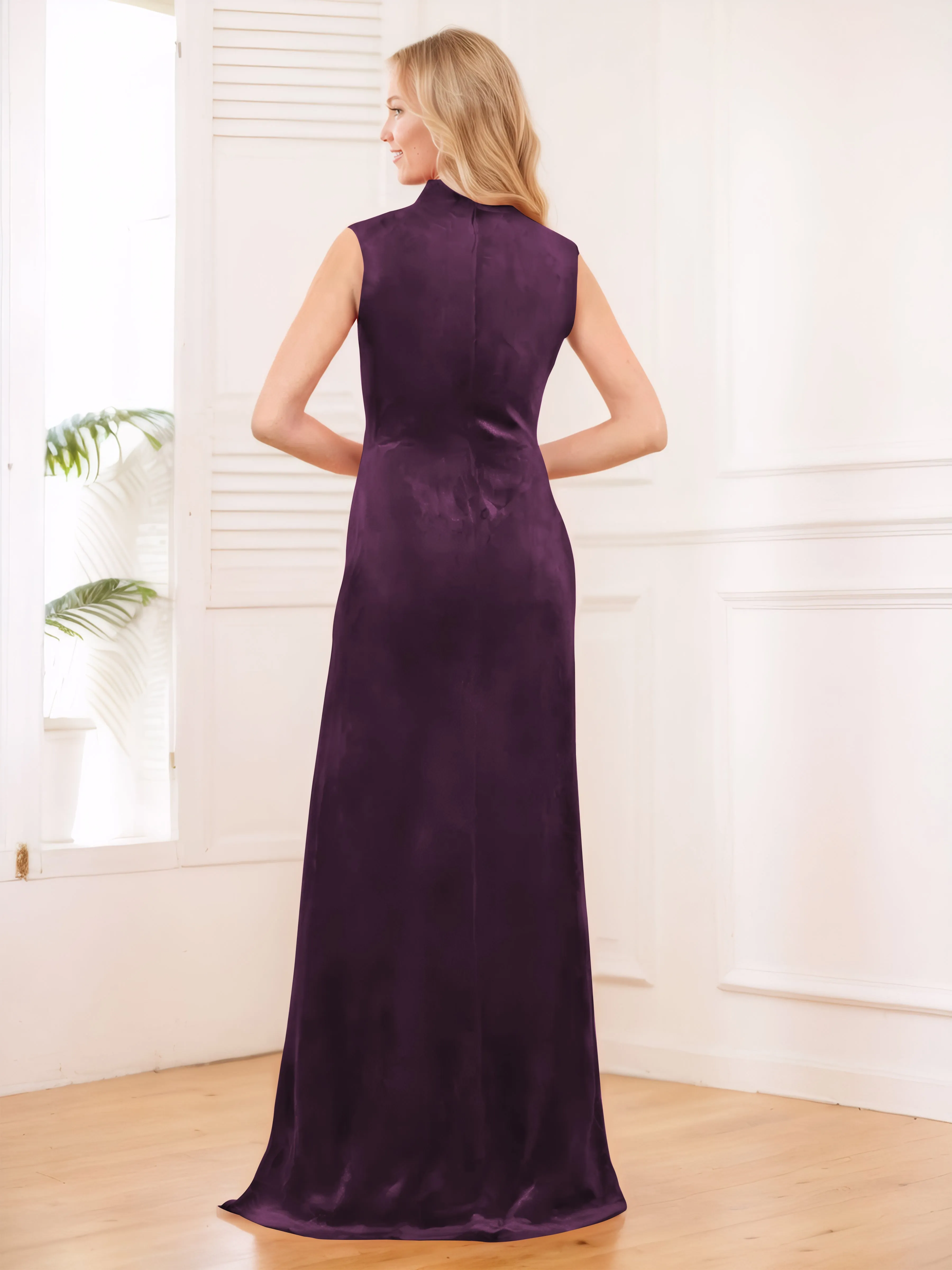 Aleena Graceful High Neck Pleated Floor Length Velvet Bridesmaid Dresses