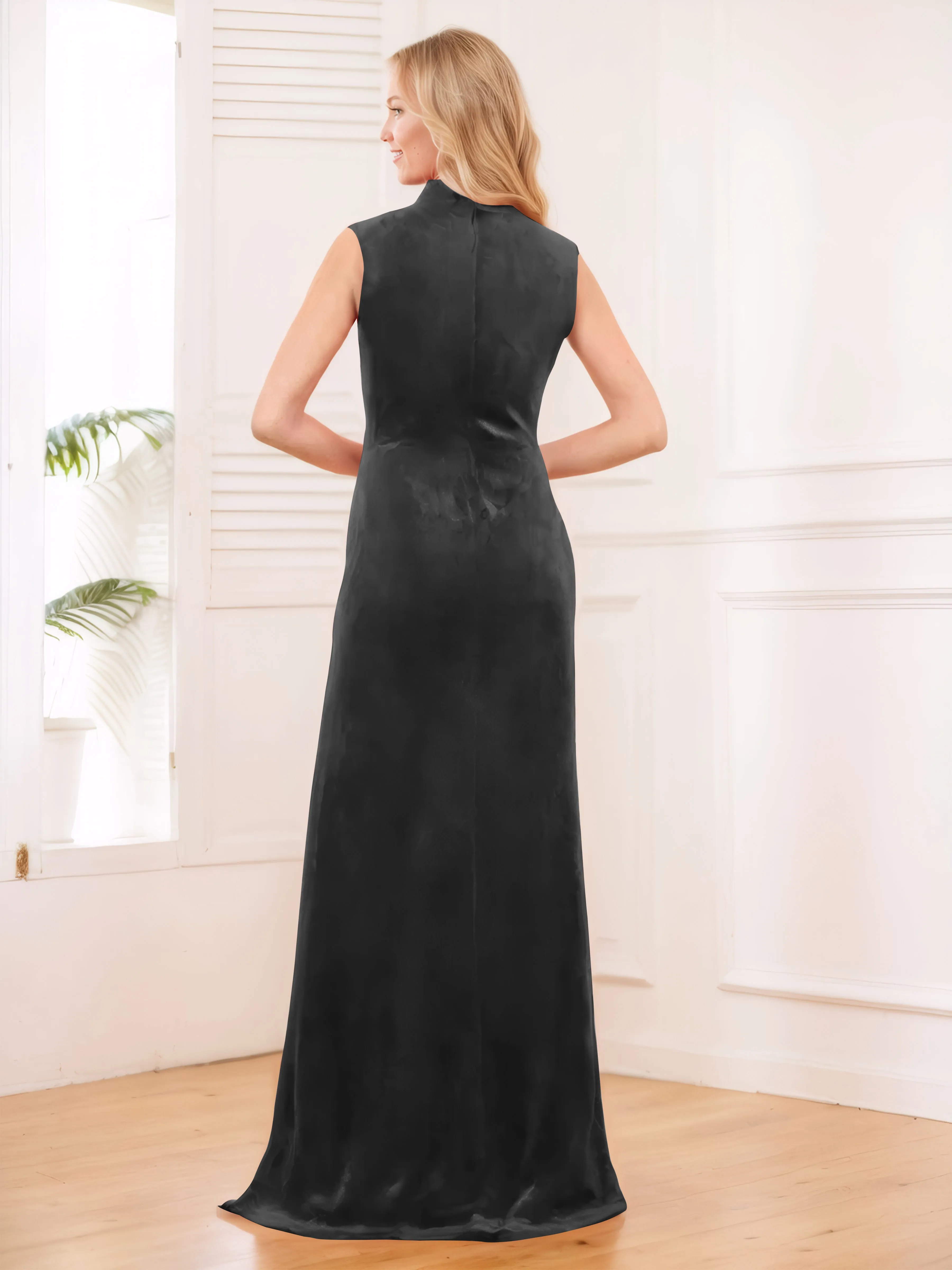 Aleena Graceful High Neck Pleated Floor Length Velvet Bridesmaid Dresses