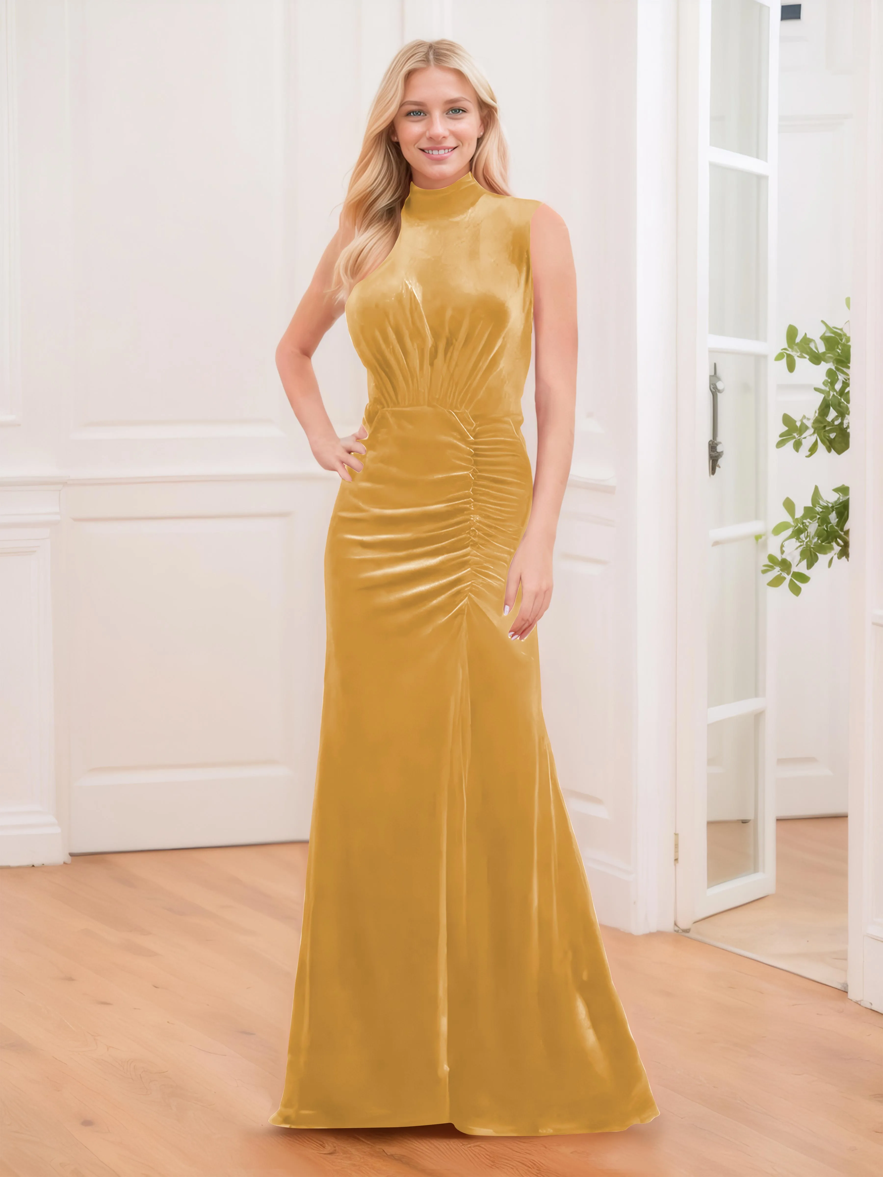 Aleena Graceful High Neck Pleated Floor Length Velvet Bridesmaid Dresses