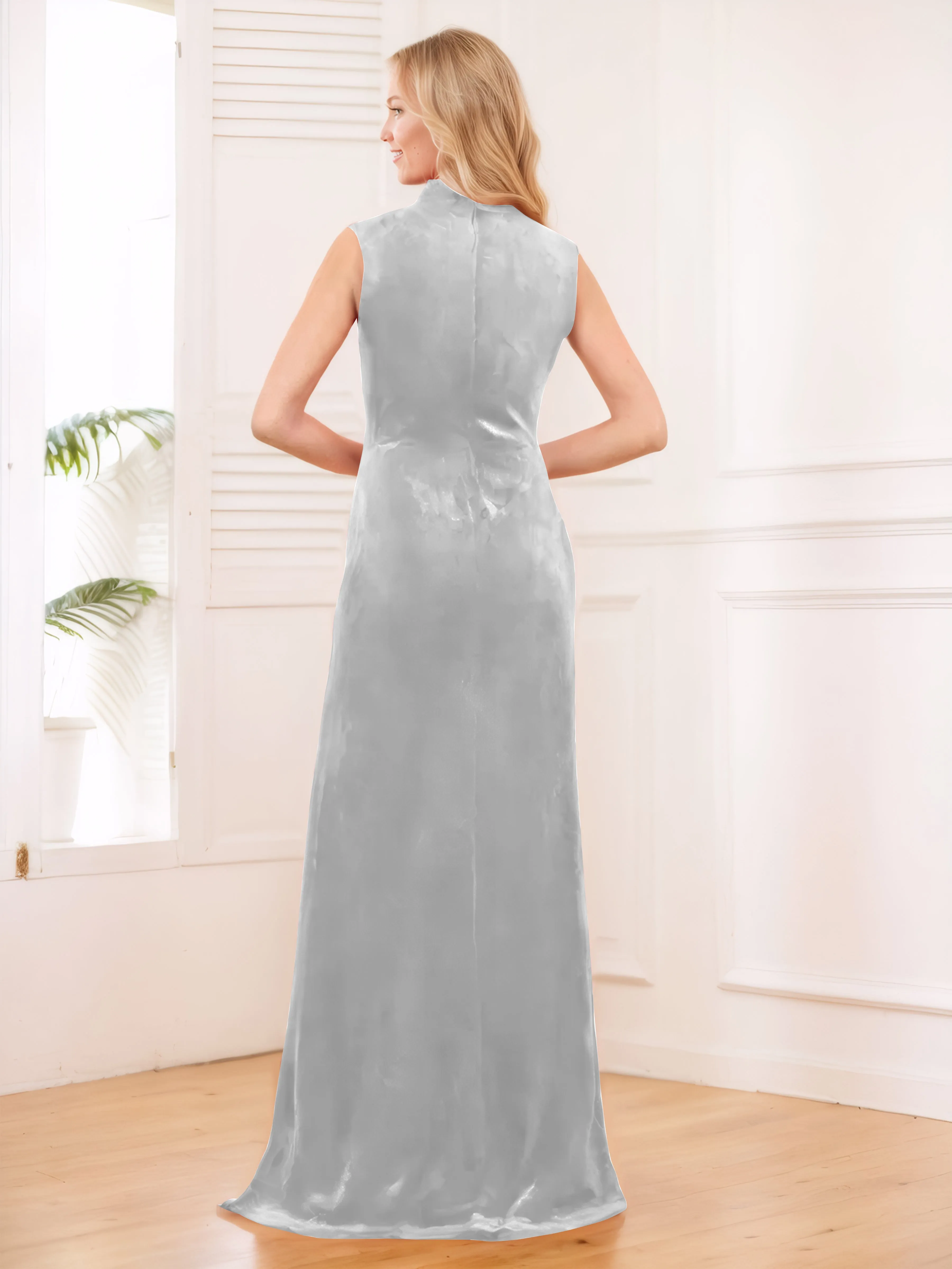 Aleena Graceful High Neck Pleated Floor Length Velvet Bridesmaid Dresses