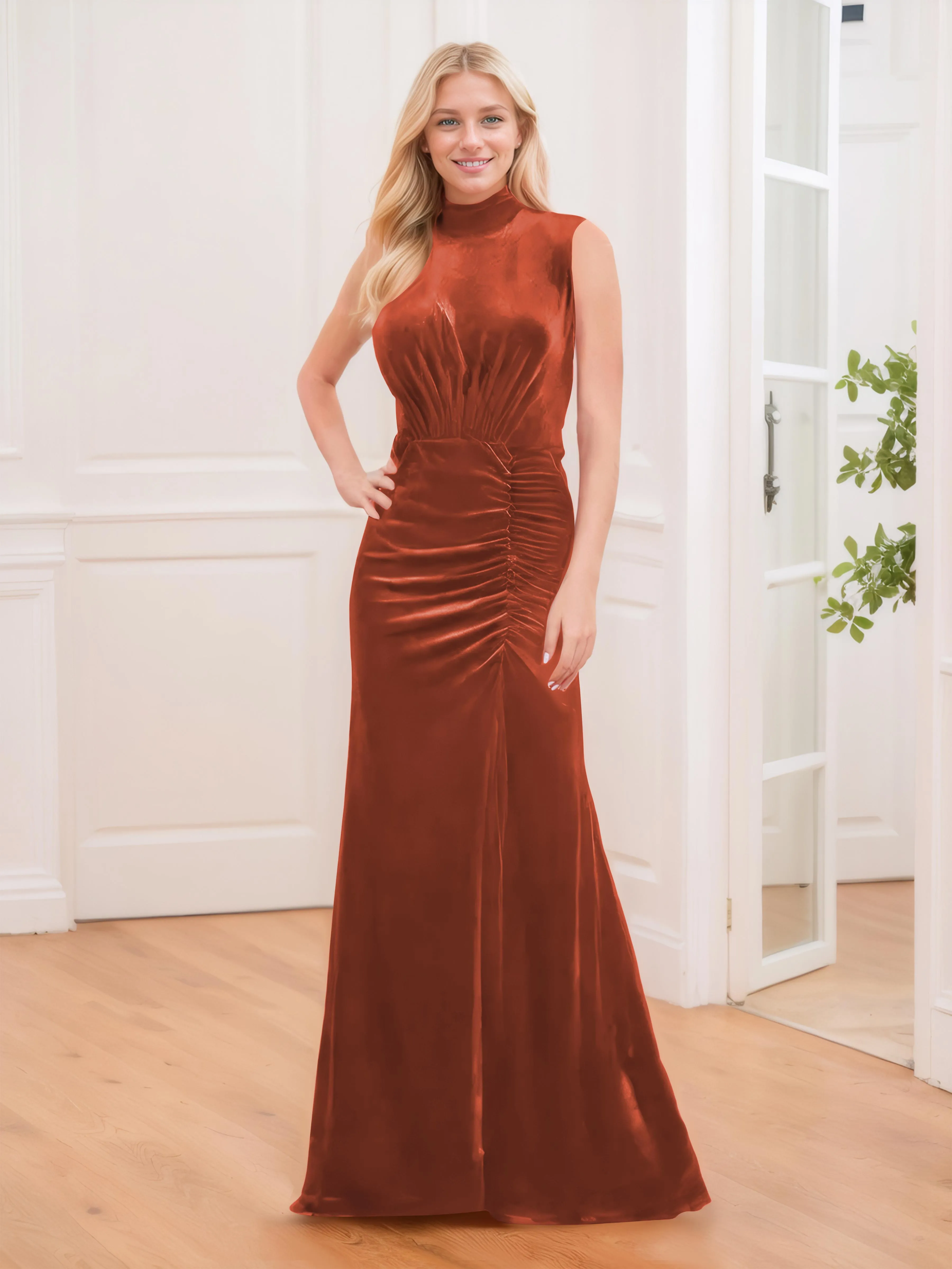 Aleena Graceful High Neck Pleated Floor Length Velvet Bridesmaid Dresses