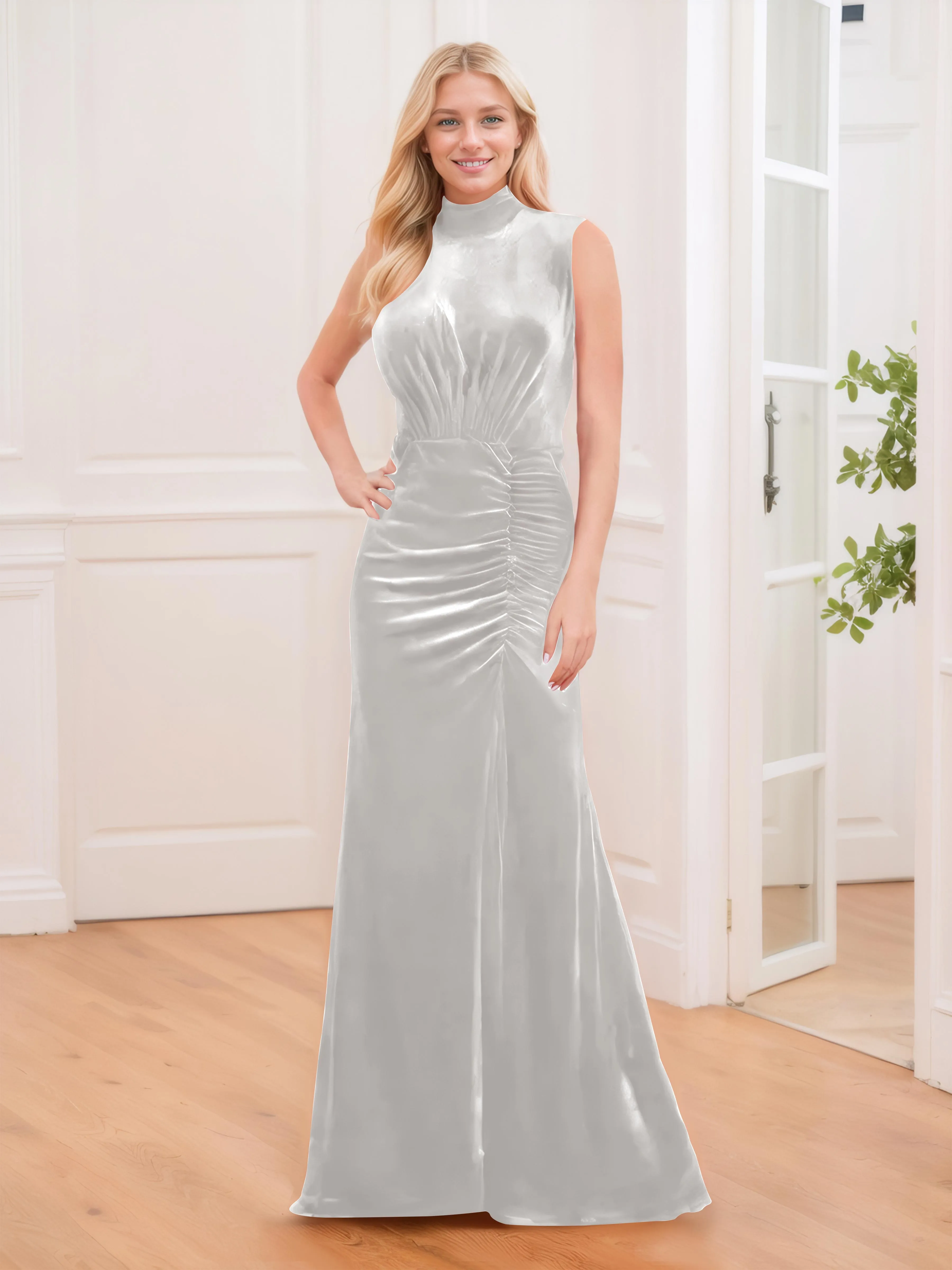 Aleena Graceful High Neck Pleated Floor Length Velvet Bridesmaid Dresses