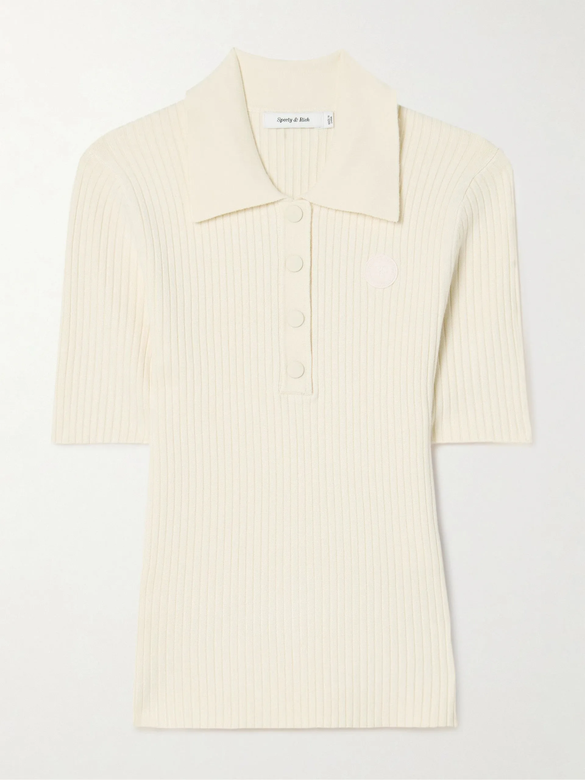 Appliquéd ribbed-knit polo shirt