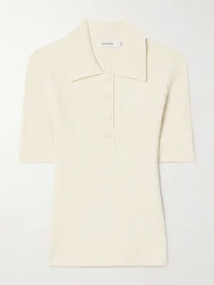 Appliquéd ribbed-knit polo shirt