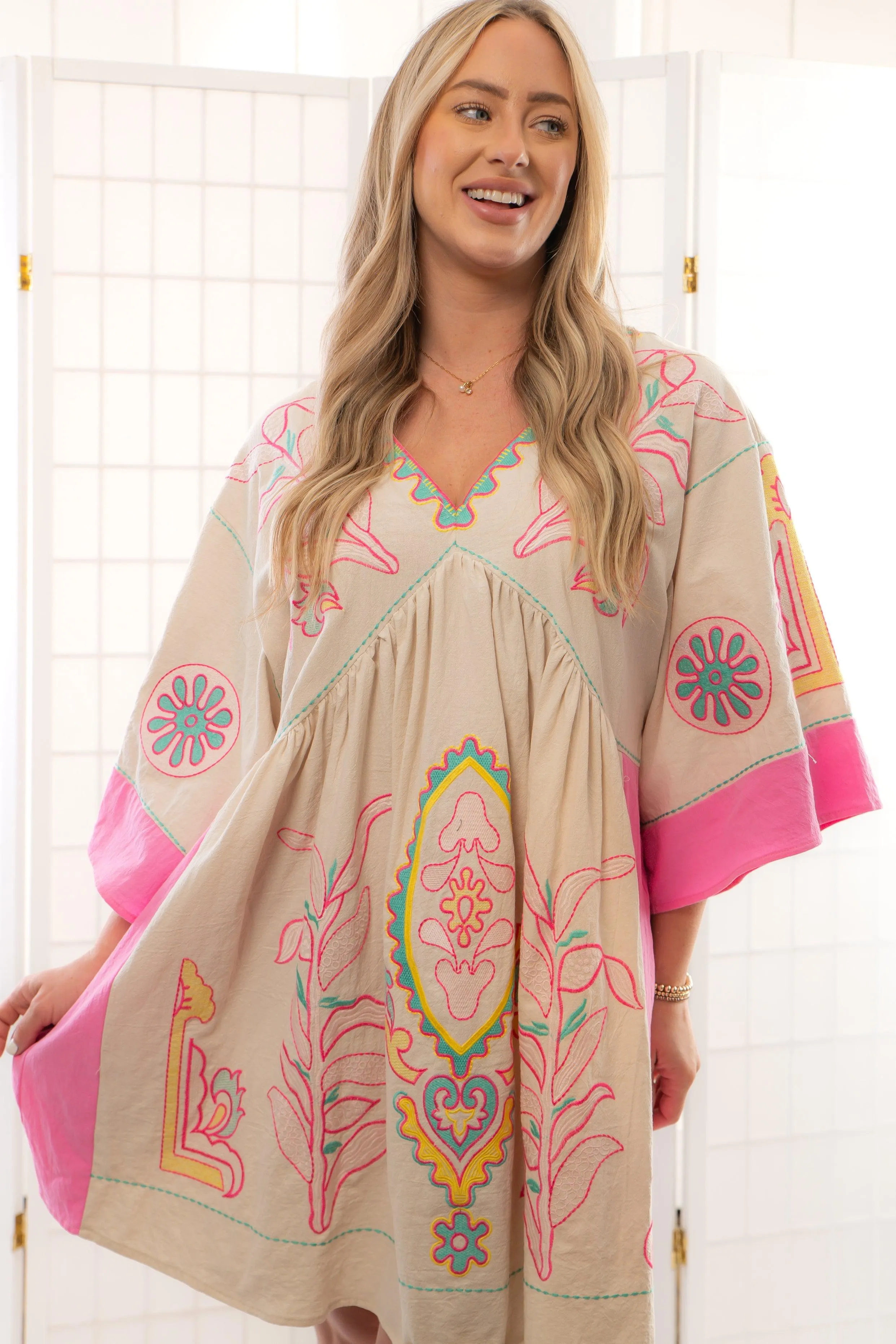 Boho Embroidered Pink Babydoll Dress