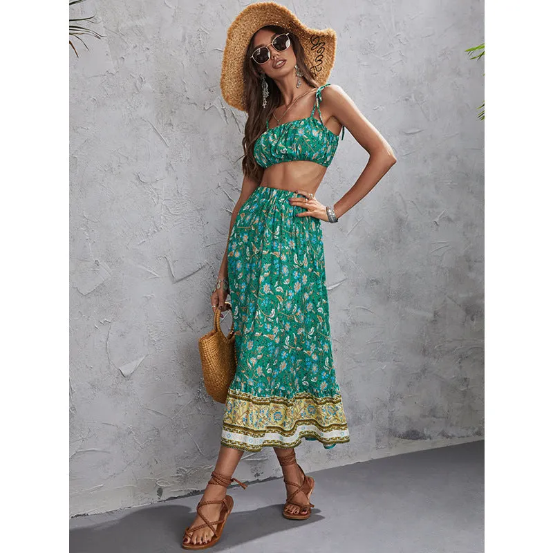 Boho Printed Spaghetti Straps Tops & Mid-Length Skirts Bohemian Suit Wholesale Women'S 2 Piece Sets