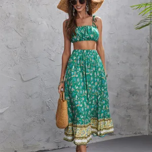 Boho Printed Spaghetti Straps Tops & Mid-Length Skirts Bohemian Suit Wholesale Women'S 2 Piece Sets