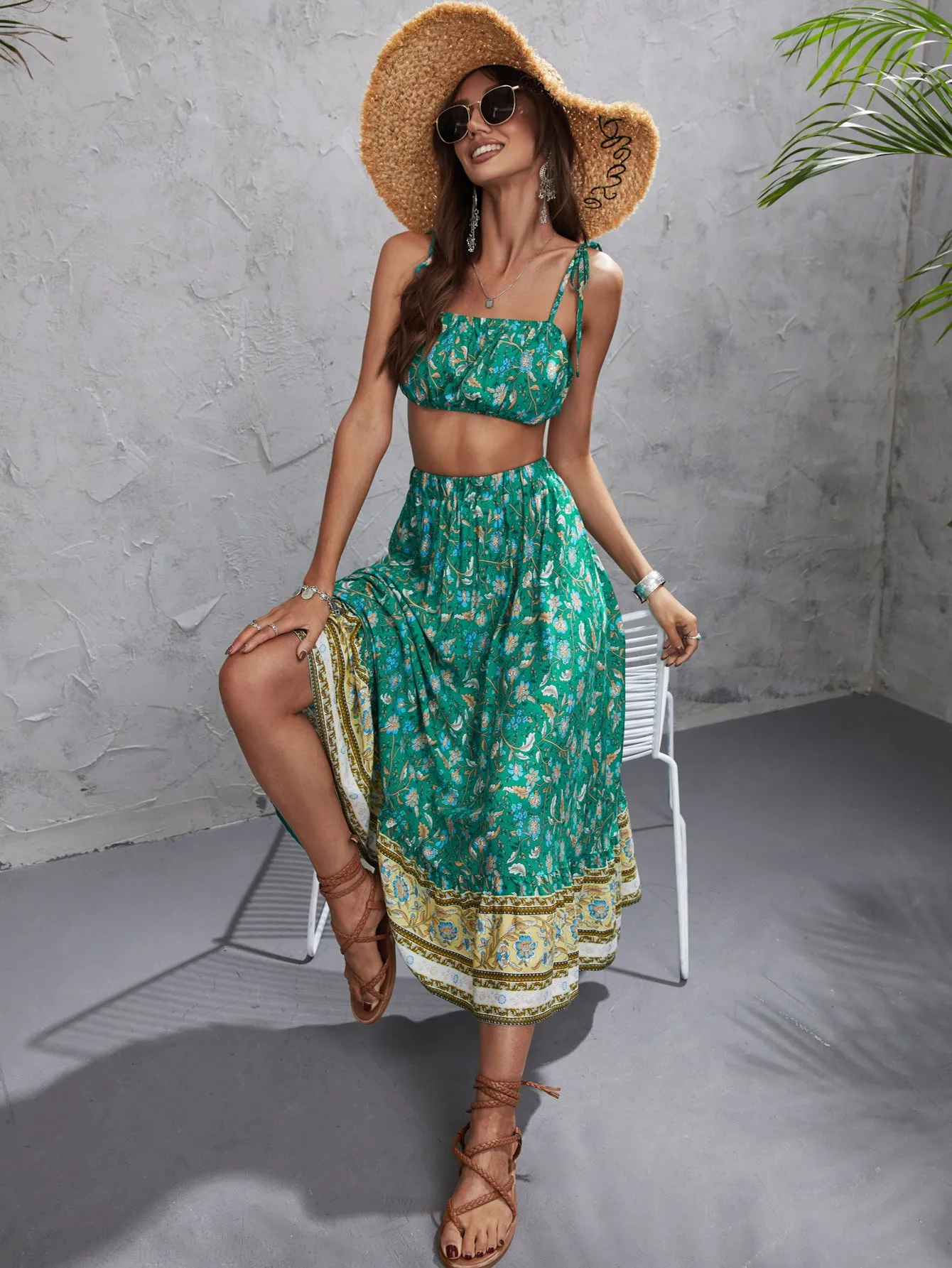 Boho Printed Spaghetti Straps Tops & Mid-Length Skirts Bohemian Suit Wholesale Women'S 2 Piece Sets