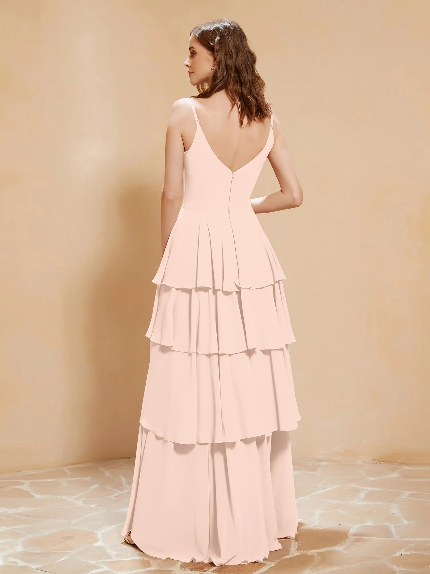 Boho V-neck Floor-length Dress Flowy Ruffles Pearl Pink Plus Size