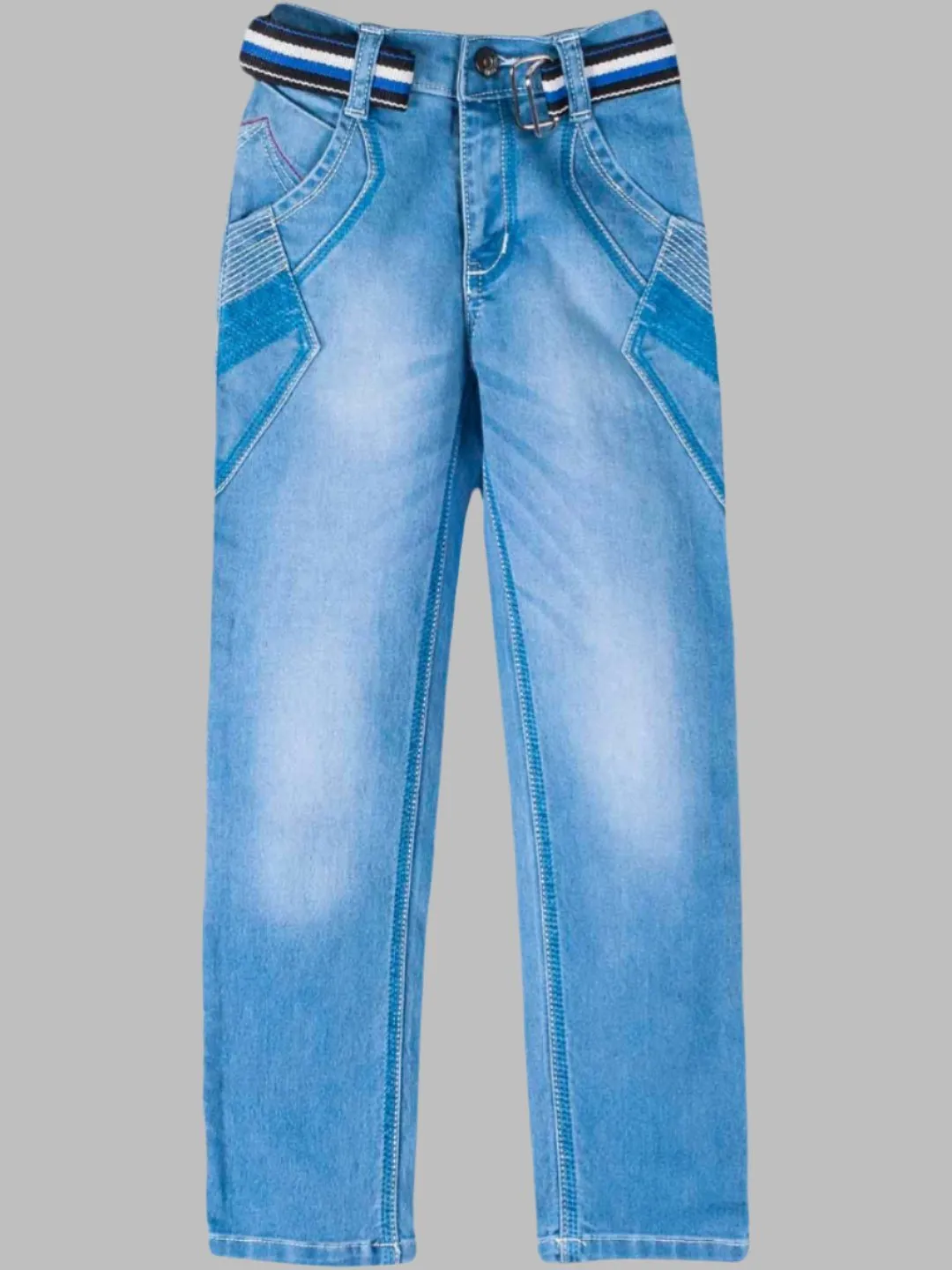 Boys' Light Blue Denim Jeans with Striped Belt Detail