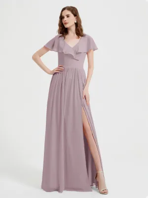 Cap Sleeves Long Chiffon Dresses with Slit-Dusk