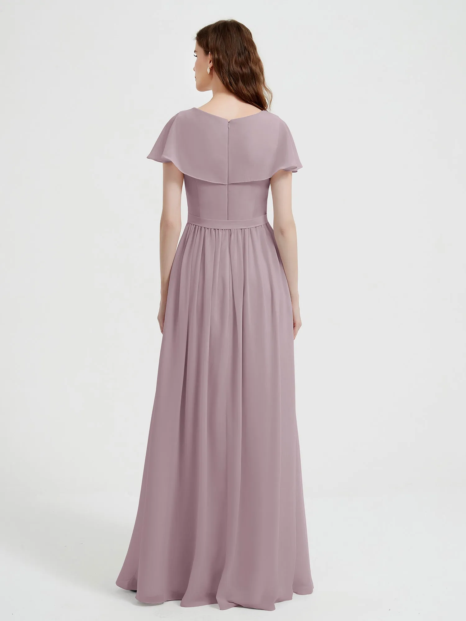 Cap Sleeves Long Chiffon Dresses with Slit-Dusk