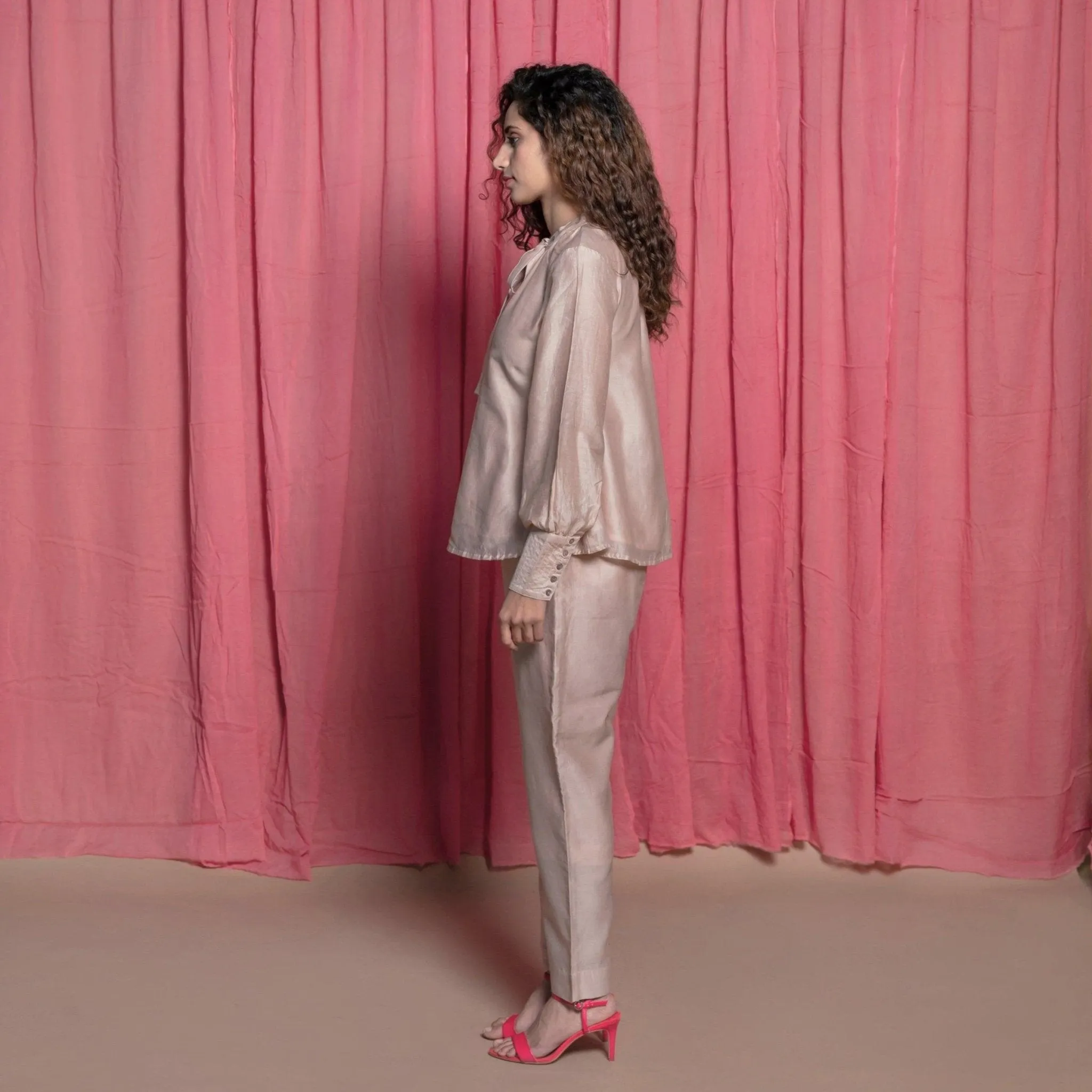 Champagne Cotton Chanderi Flared Tie Neck Top