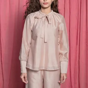 Champagne Cotton Chanderi Flared Tie Neck Top