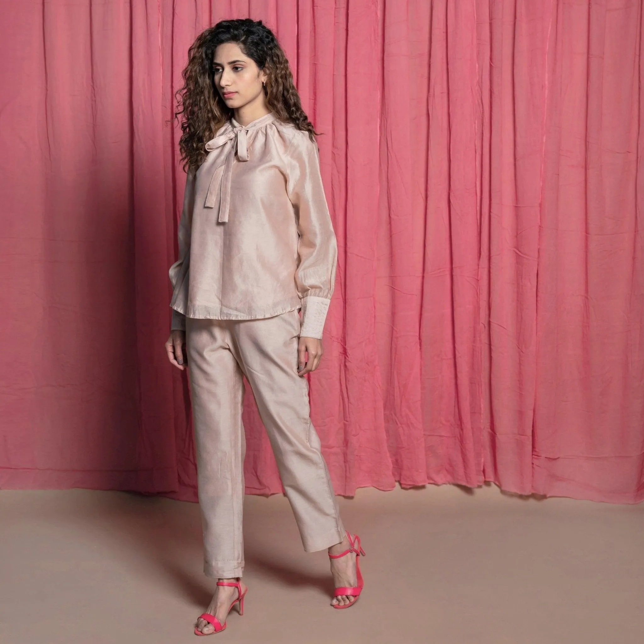 Champagne Cotton Chanderi Flared Tie Neck Top