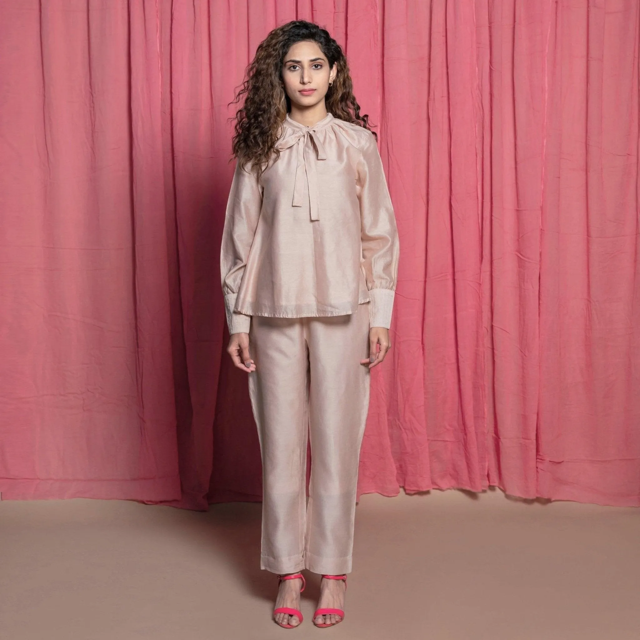Champagne Cotton Chanderi Flared Tie Neck Top