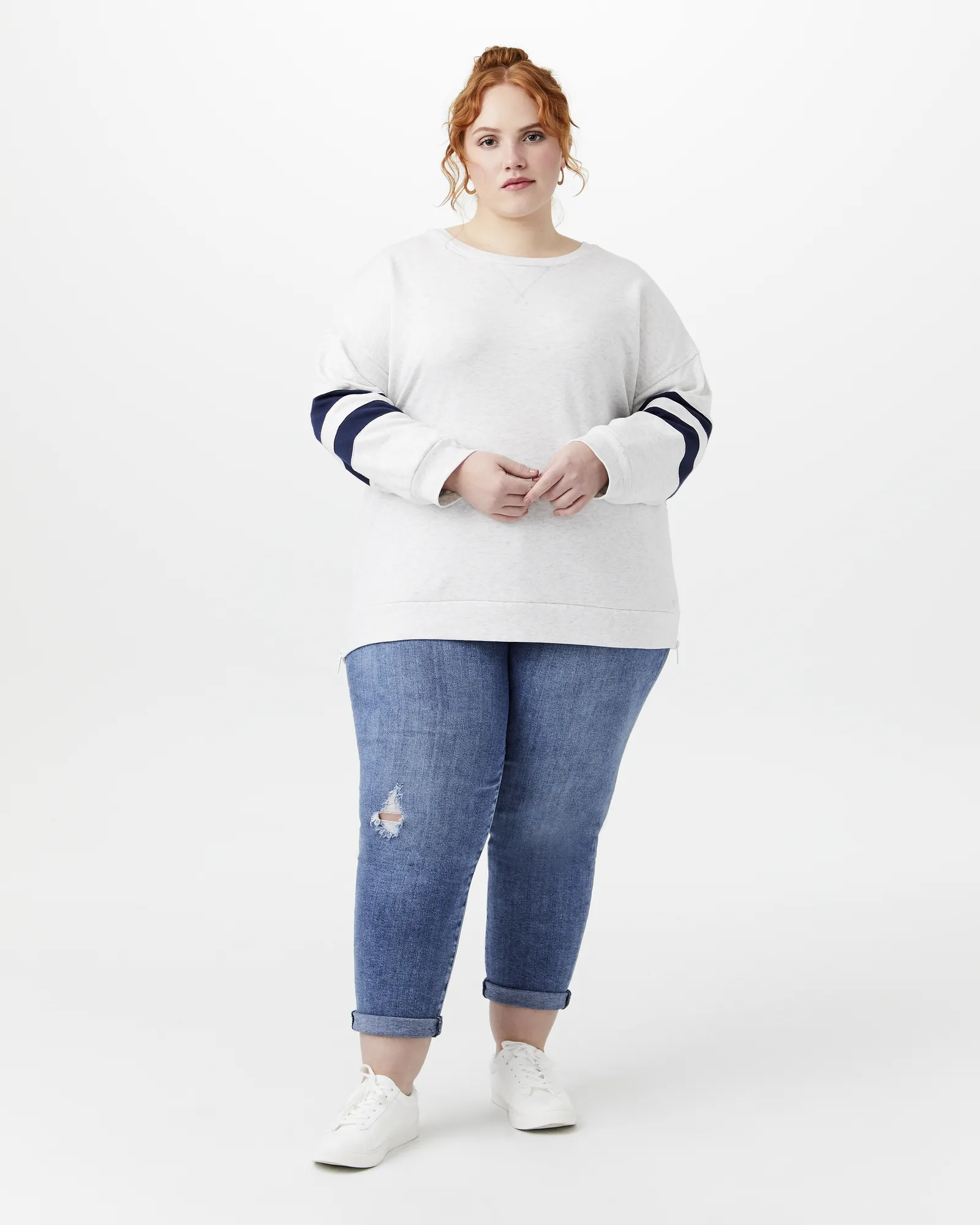 Chaya Cotton-Blend Pullover | Light Grey / Navy