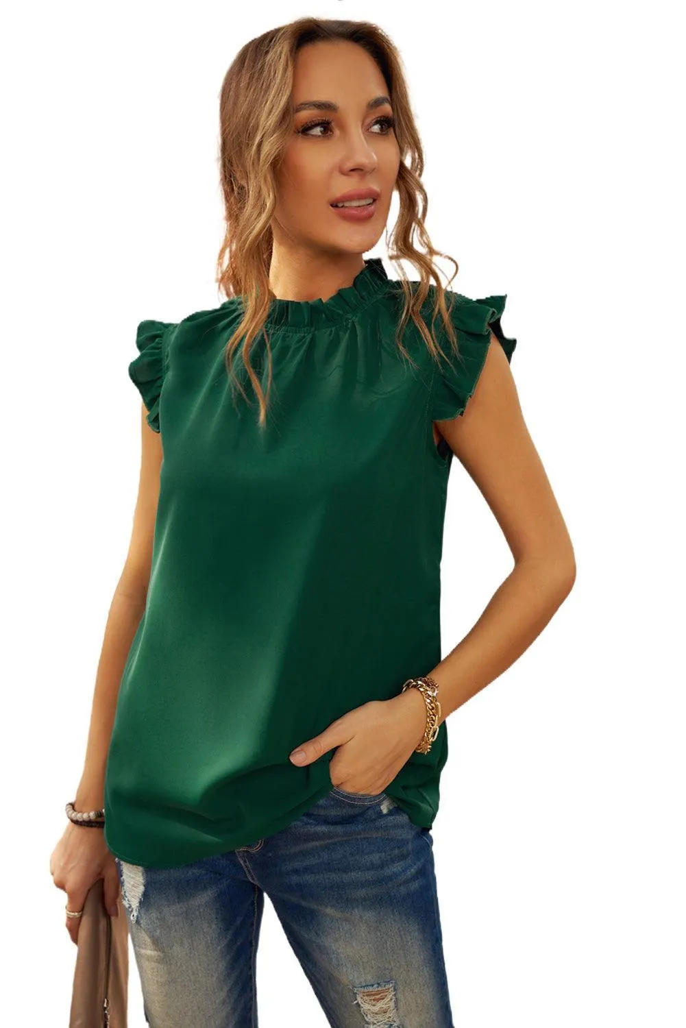 Chic Elegant Green Flounced Tank Top