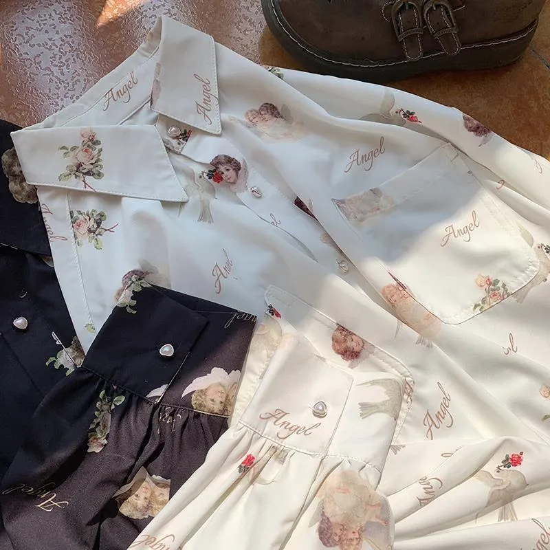Chic Vintage Angel Print Loose Tops